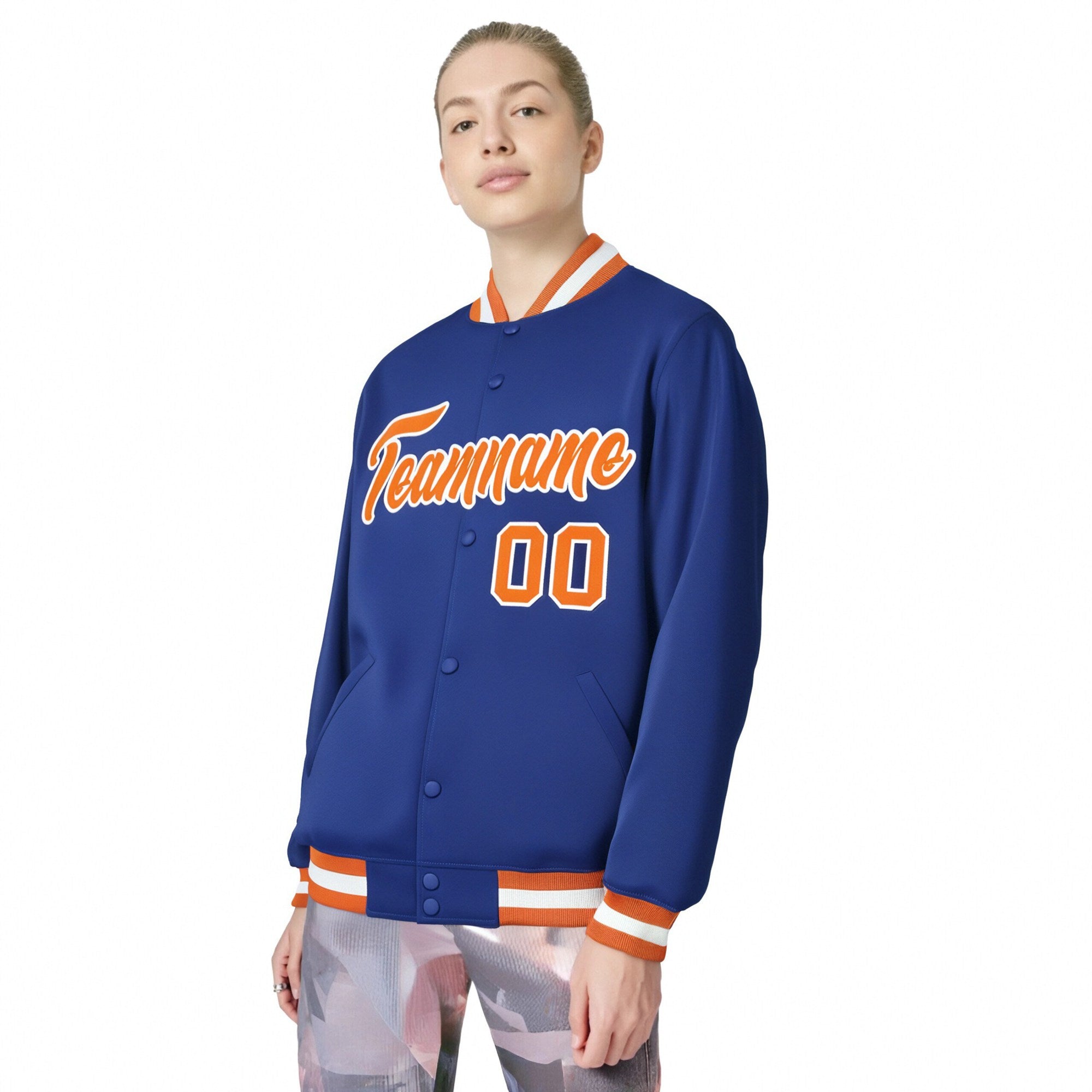 Custom Royal Blue Orange-White Bomber Full-Snap Varsity Letterman Jacket