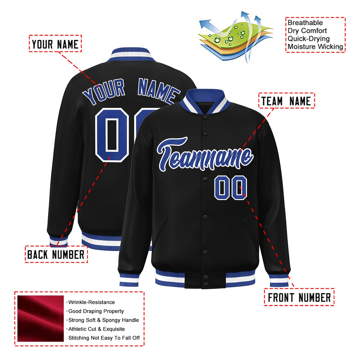Custom Black Royal-Blue White Bomber Full-Snap Varsity Letterman Jacket