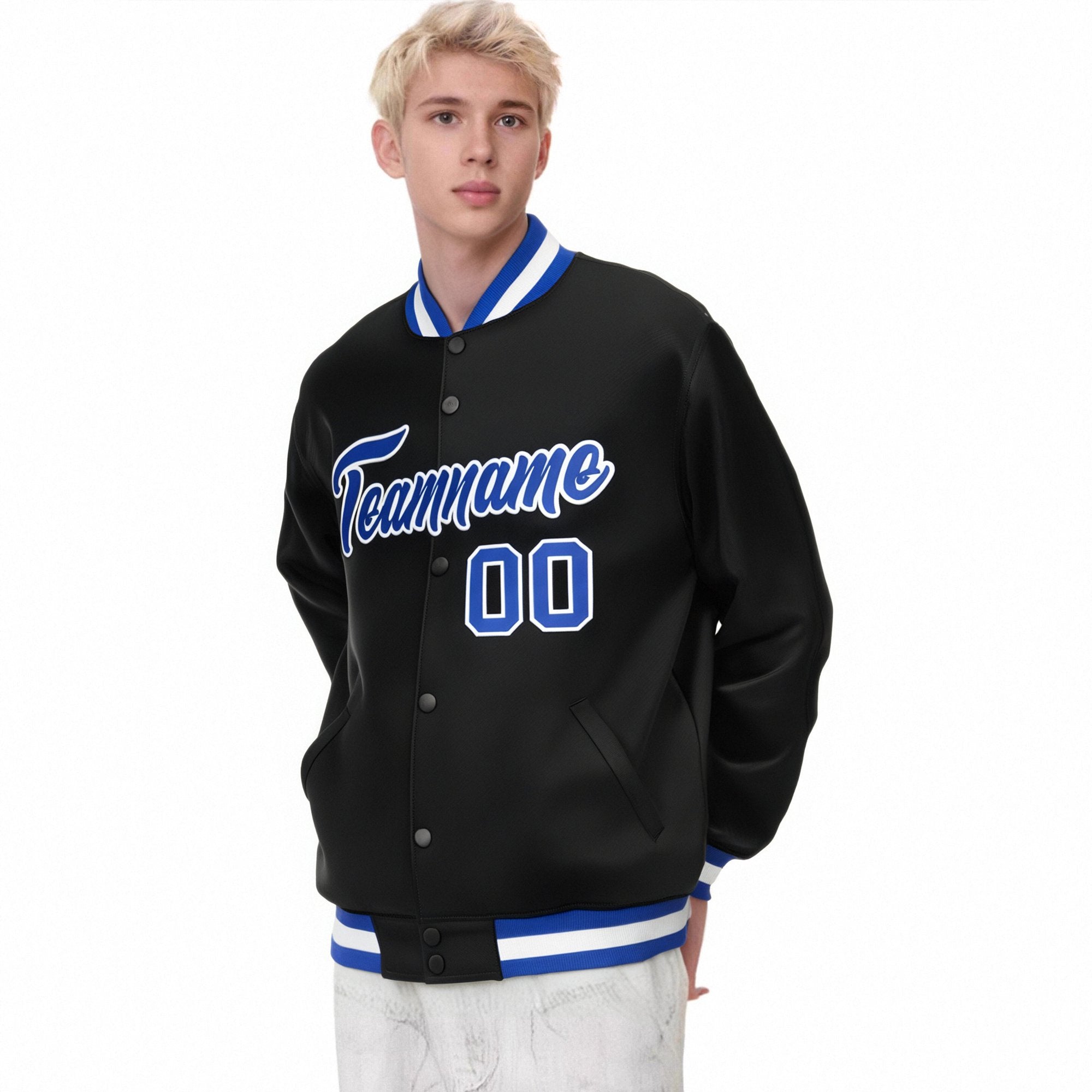 Custom Black Royal-Blue White Bomber Full-Snap Varsity Letterman Jacket