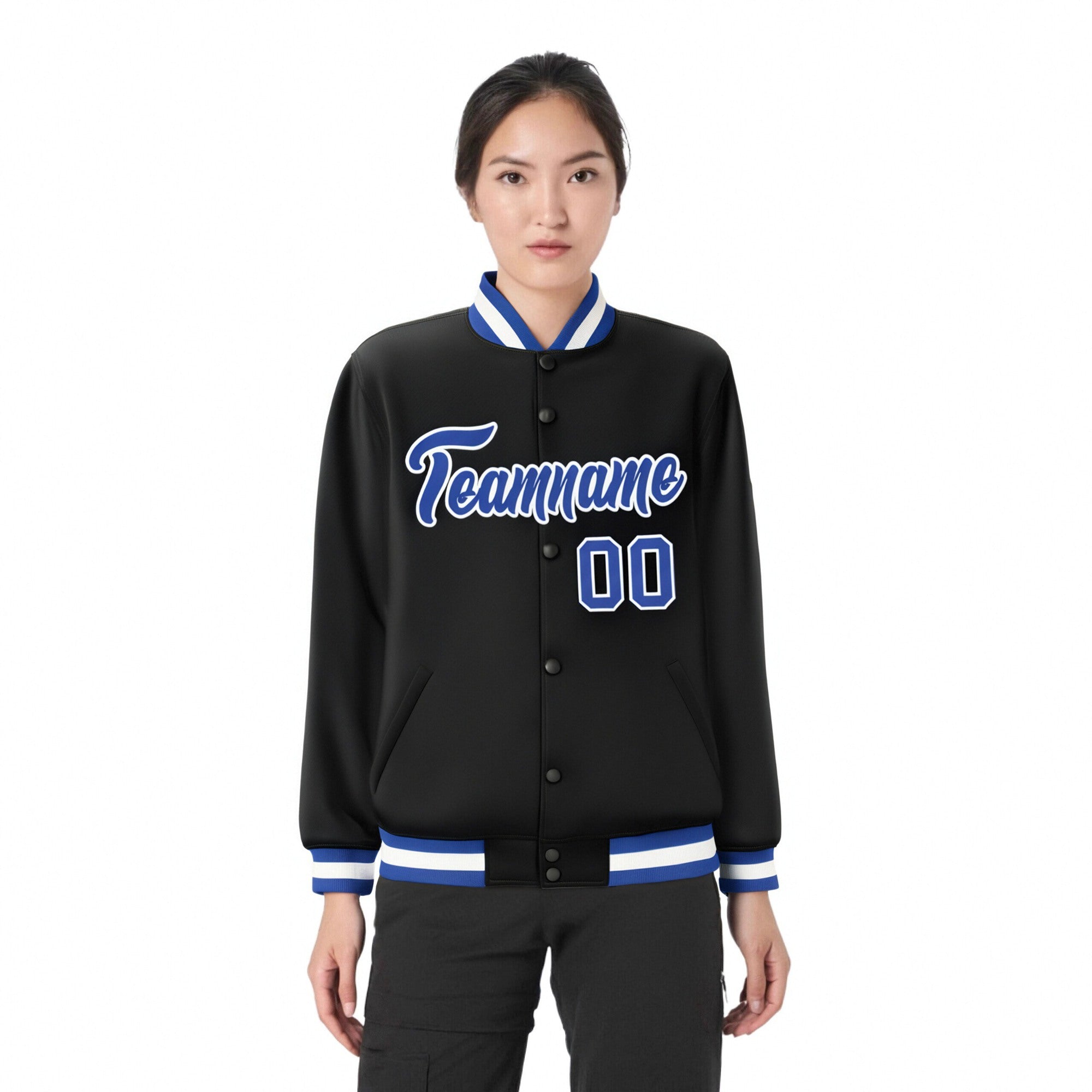 Custom Black Royal-Blue White Bomber Full-Snap Varsity Letterman Jacket