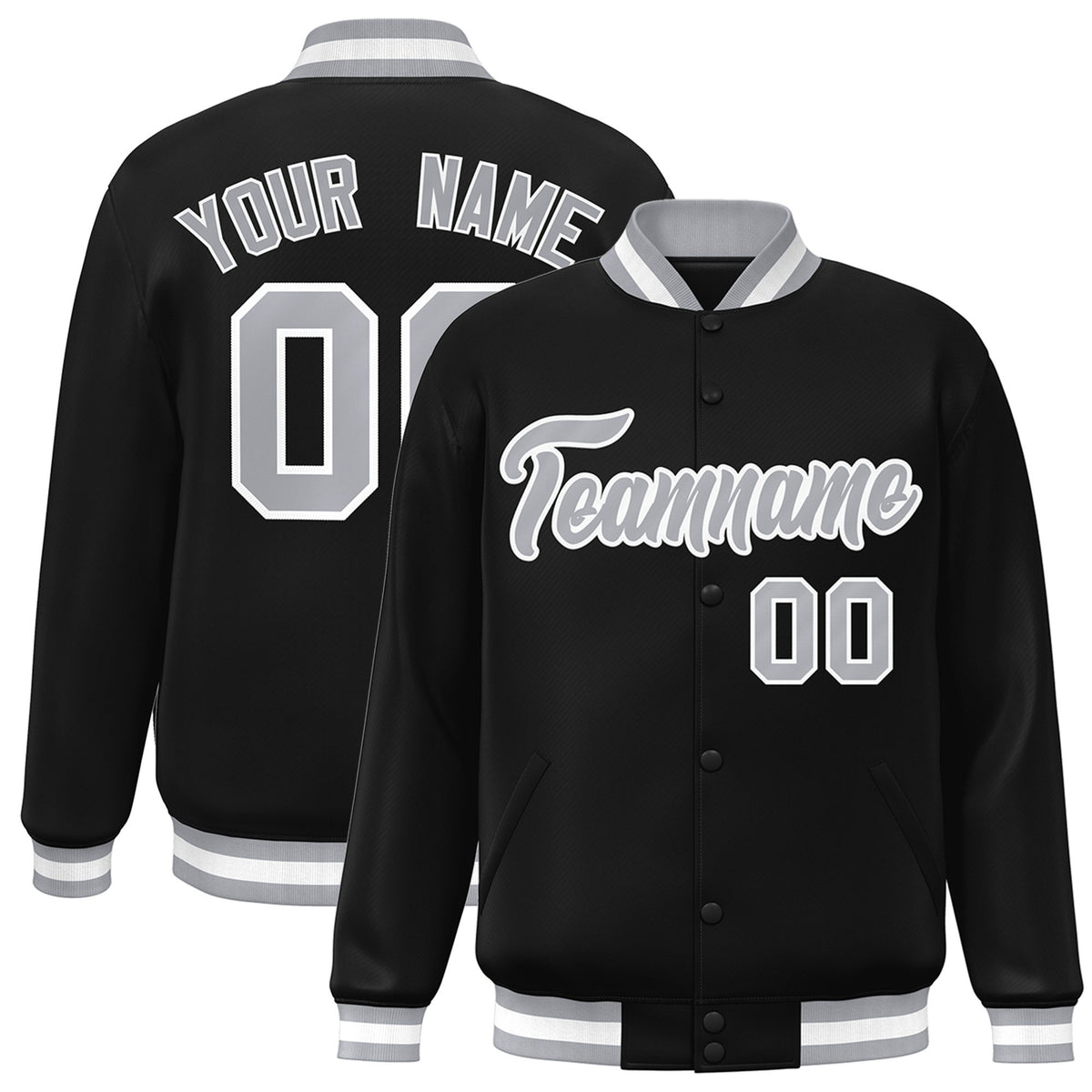 Custom Black Gray-White Bomber Full-Snap Varsity Letterman Jacket