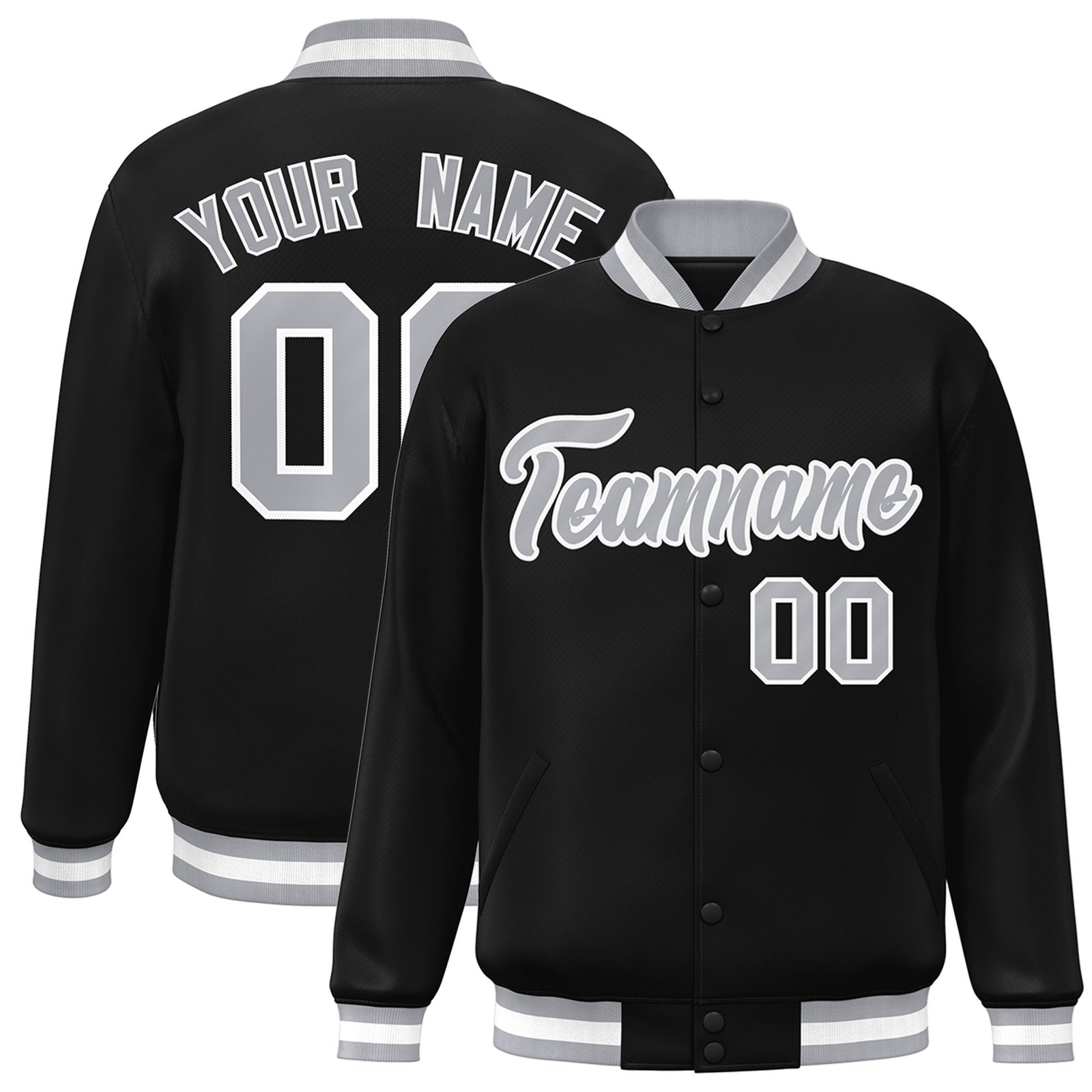 Custom Black Gray-White Bomber Full-Snap Varsity Letterman Jacket