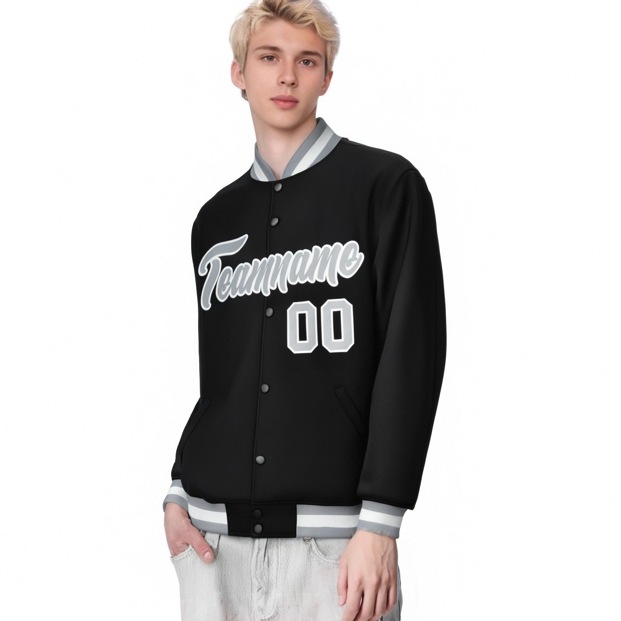 Custom Black Gray-White Bomber Full-Snap Varsity Letterman Jacket