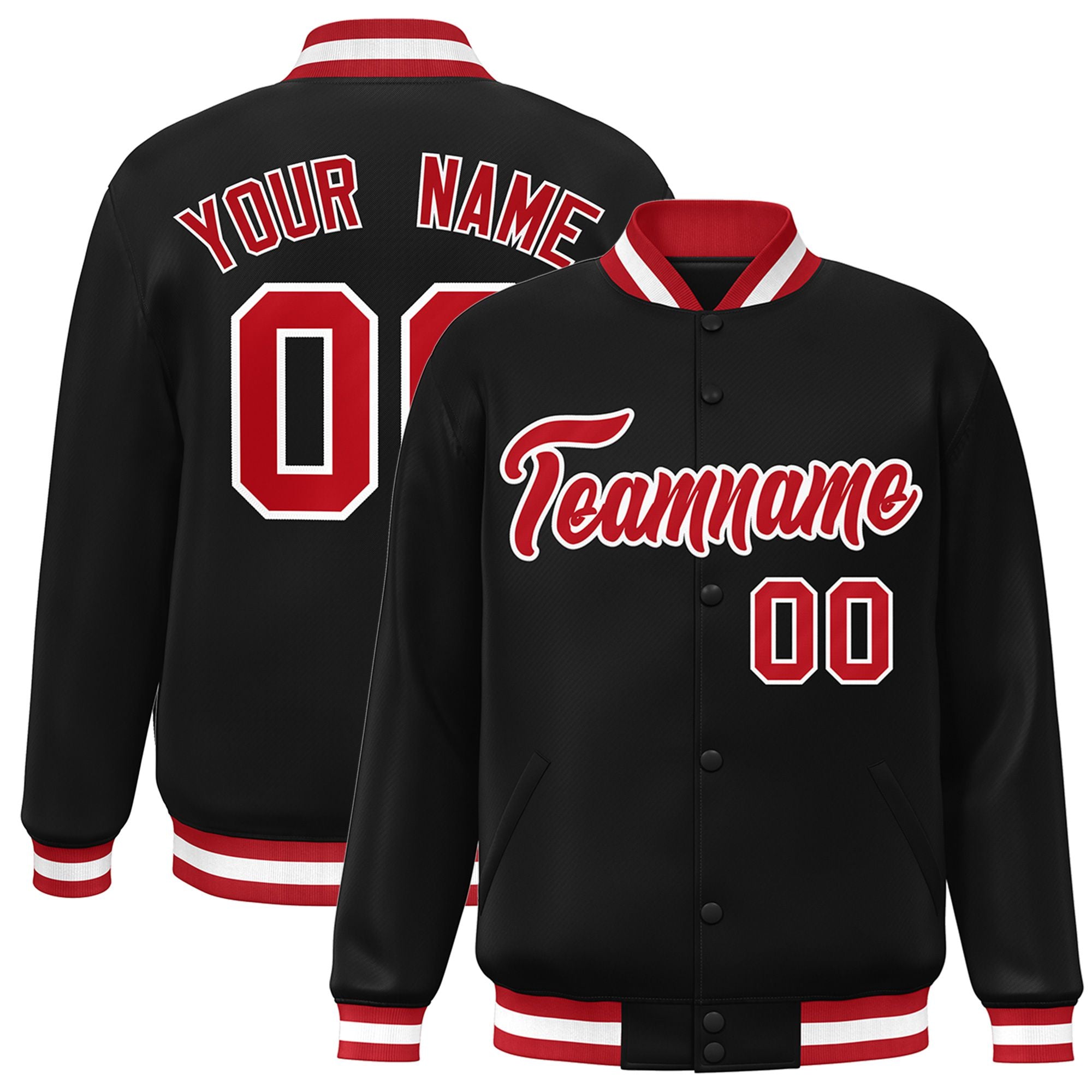 Custom Black Red-White Bomber Full-Snap Varsity Letterman Jacket