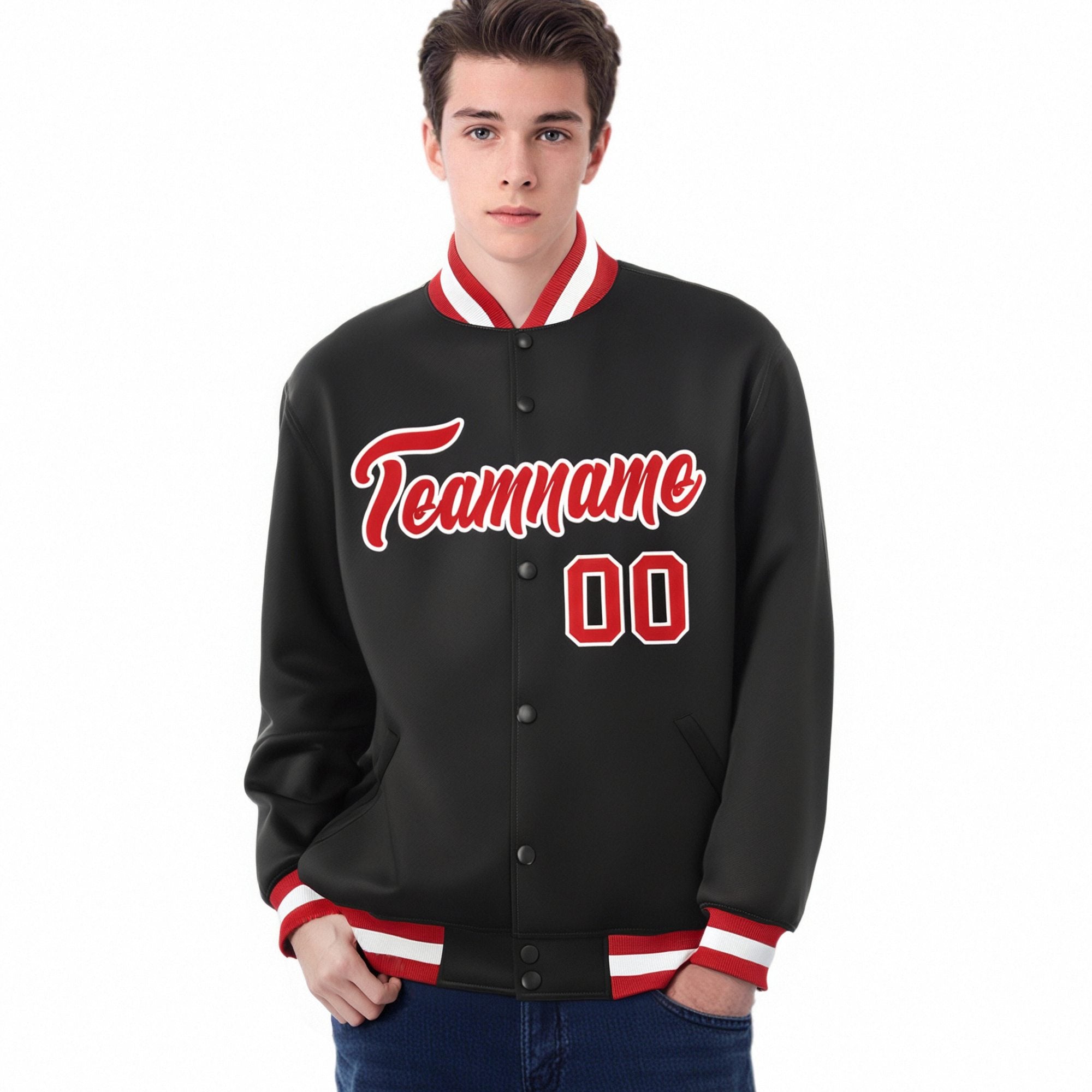 Custom Black Red-White Bomber Full-Snap Varsity Letterman Jacket