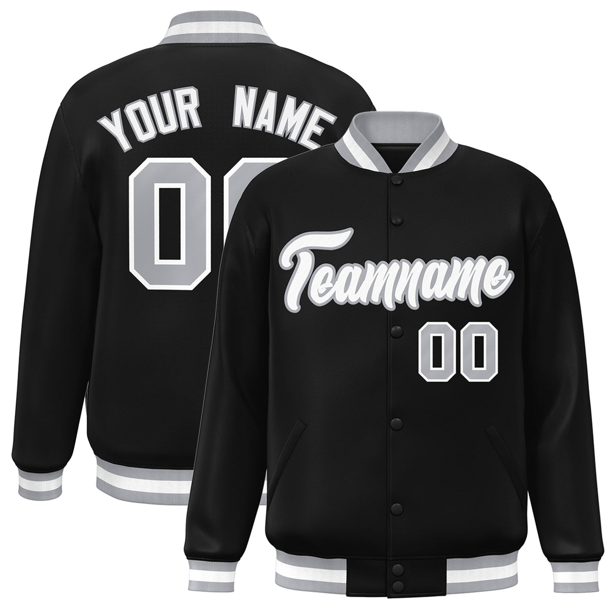 Custom Black White-Gray Bomber Full-Snap Varsity Letterman Jacket