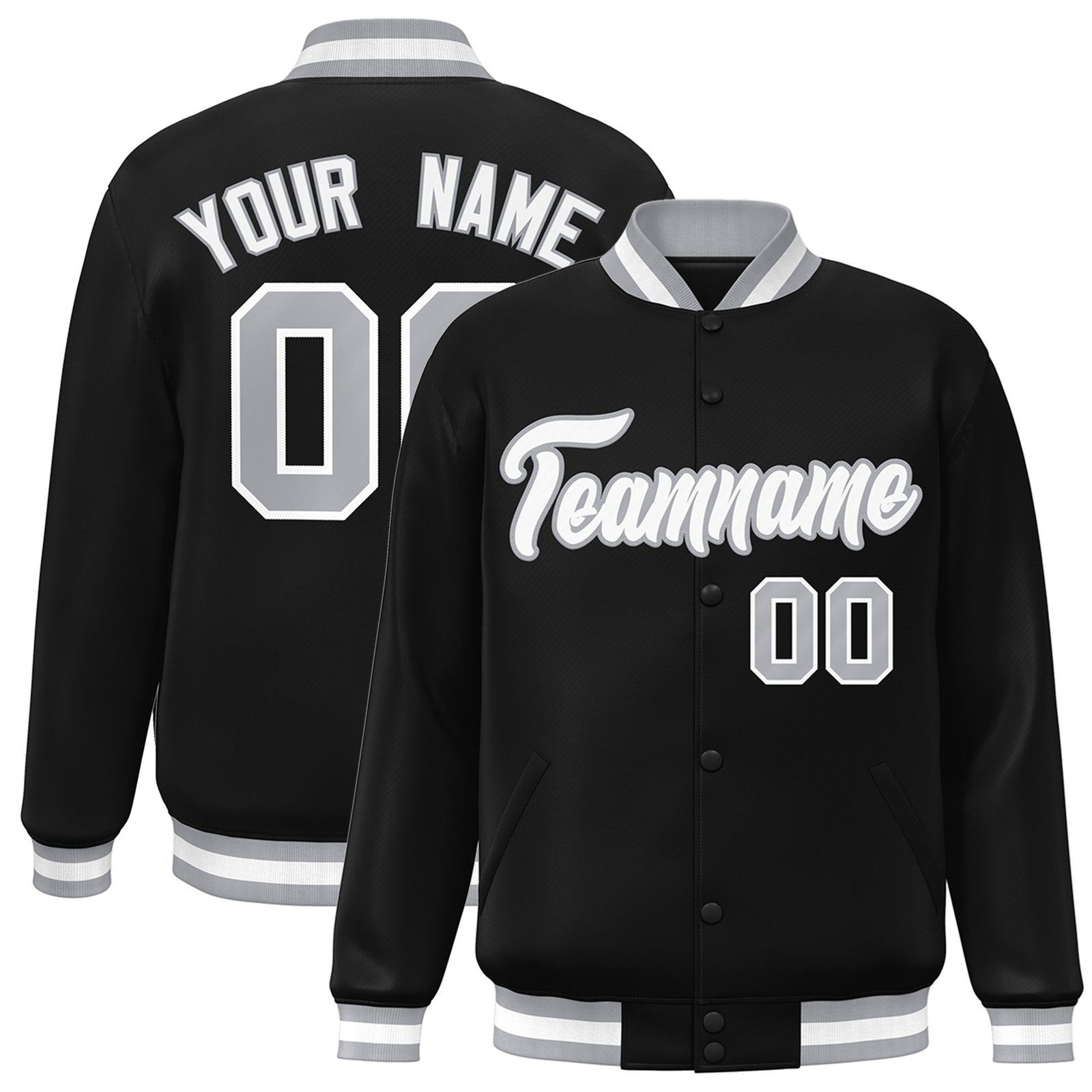 Custom Black White-Gray Bomber Full-Snap Varsity Letterman Jacket