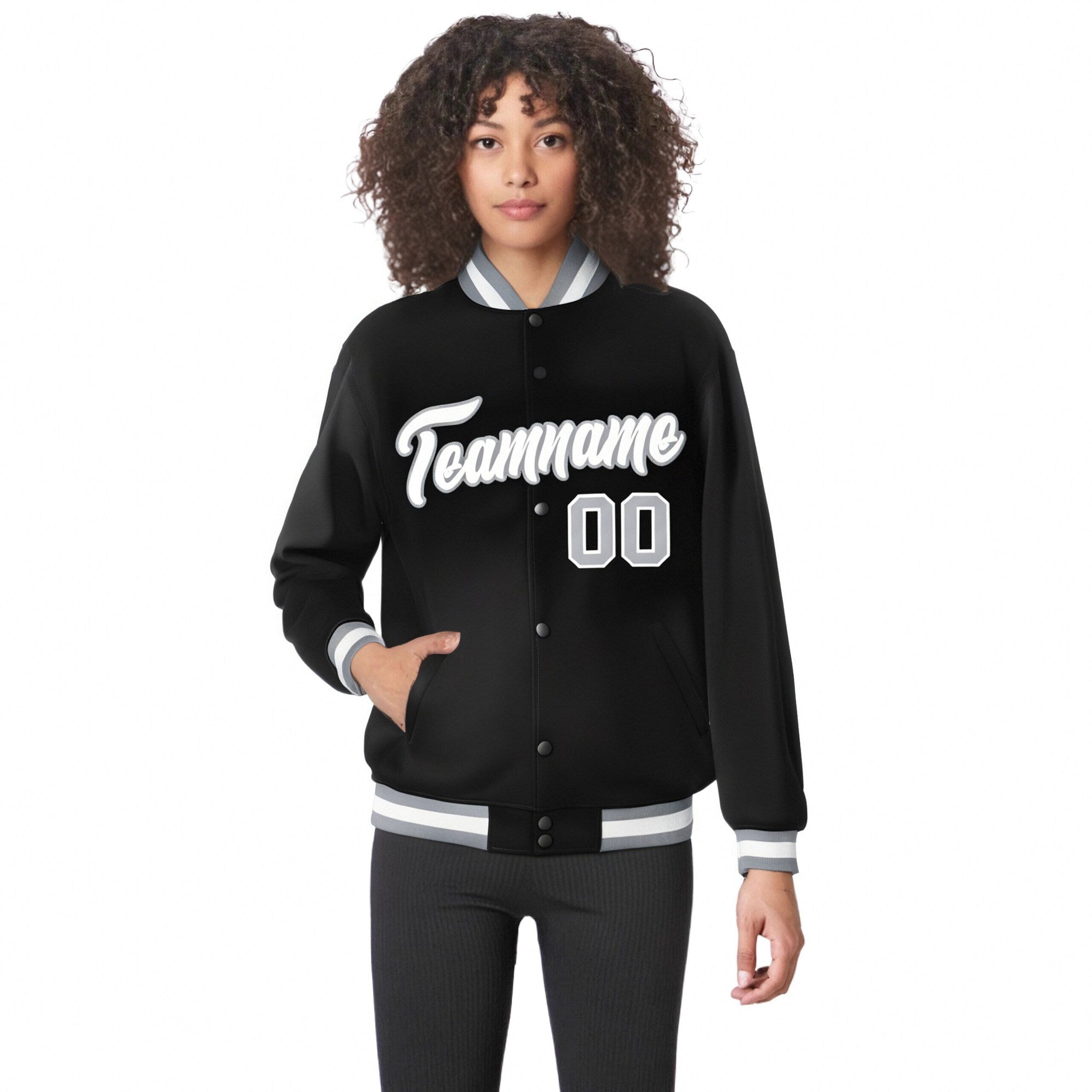 Custom Black White-Gray Bomber Full-Snap Varsity Letterman Jacket