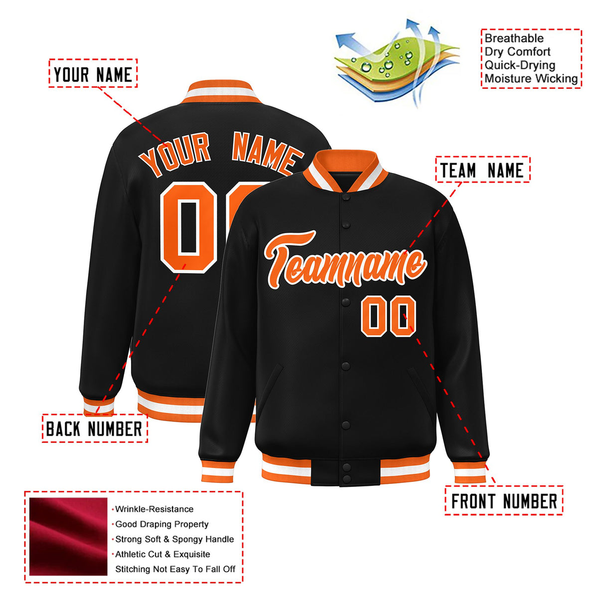 Custom Black Orange-White Bomber Full-Snap Varsity Letterman Jacket