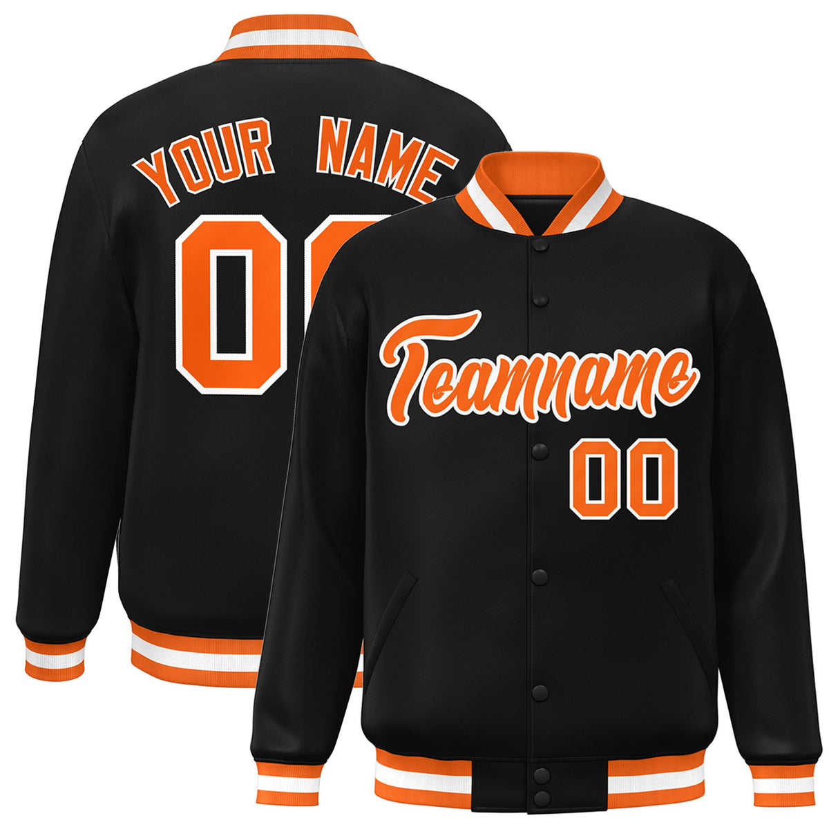 Custom Black Orange-White Bomber Full-Snap Varsity Letterman Jacket
