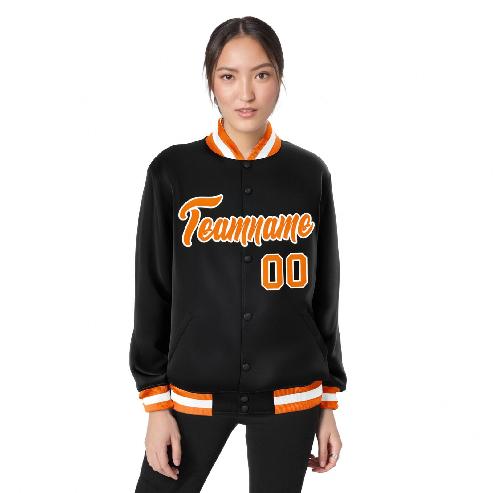 Custom Black Orange-White Bomber Full-Snap Varsity Letterman Jacket