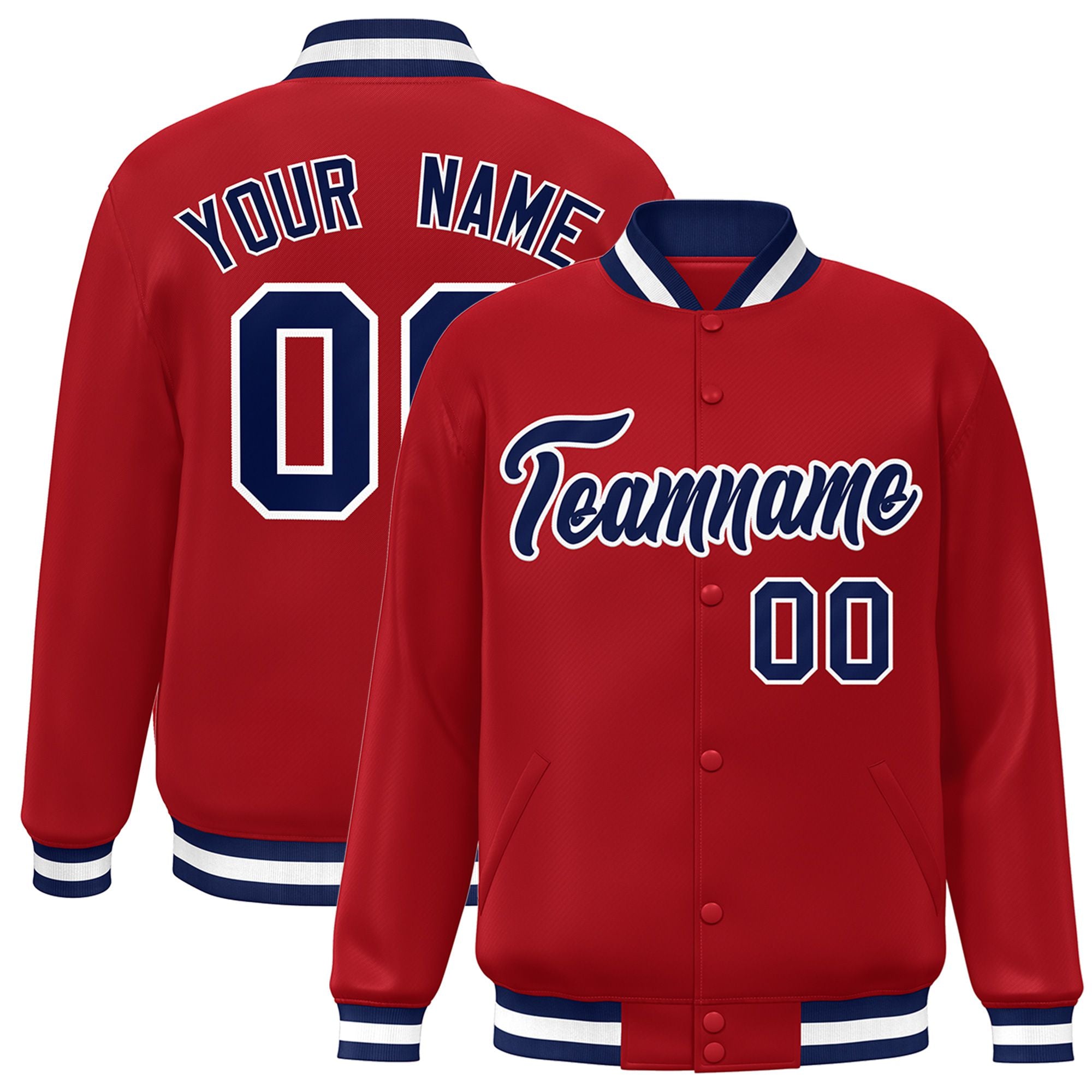 Custom Royal-Red Navy-White Bomber Full-Snap Varsity Letterman Jacket