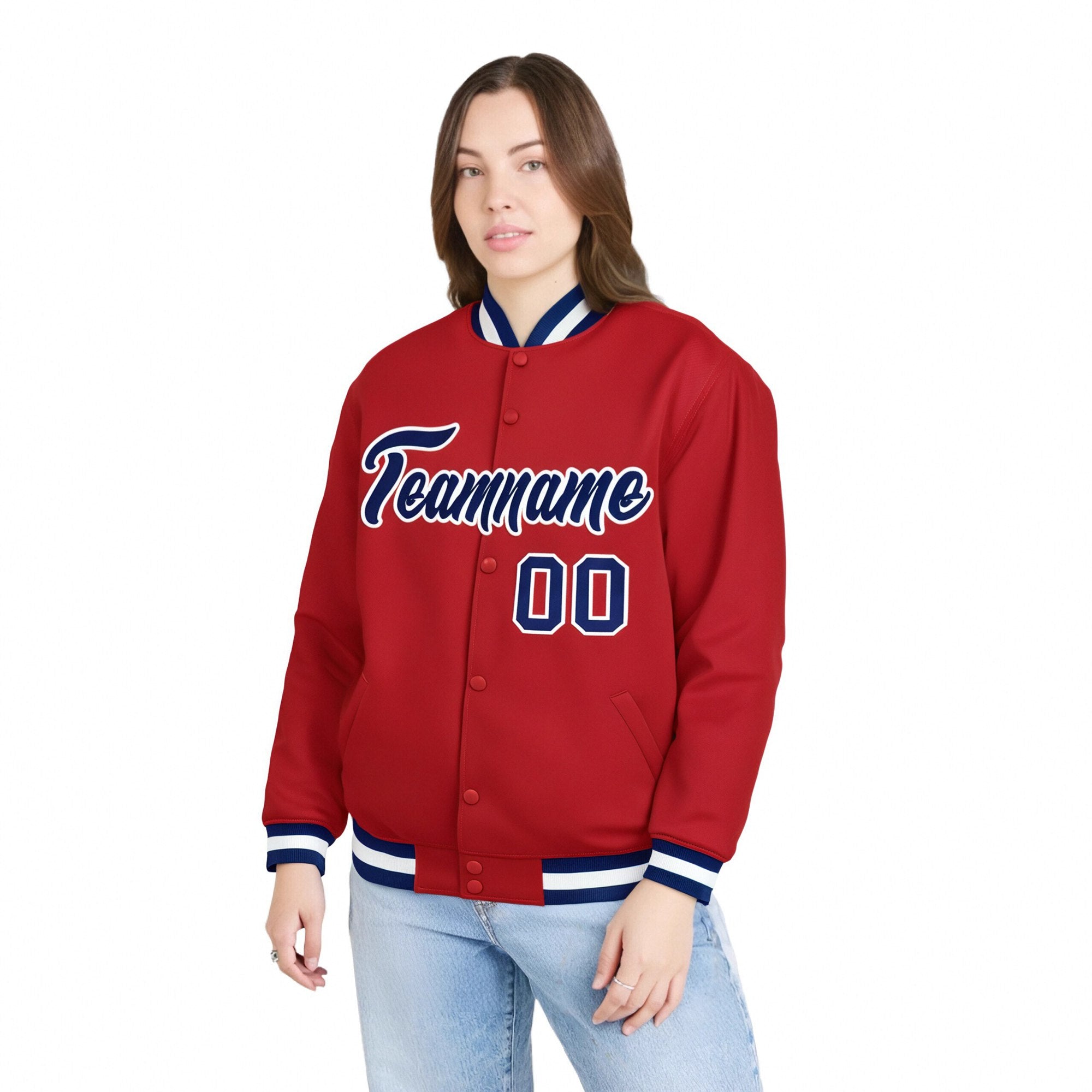 Custom Royal-Red Navy-White Bomber Full-Snap Varsity Letterman Jacket