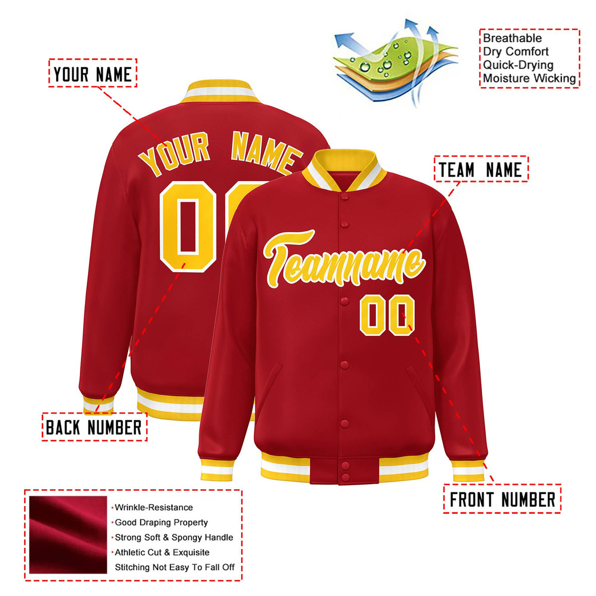 Custom Royal-Red Yellow-White Bomber Full-Snap Varsity Letterman Jacket