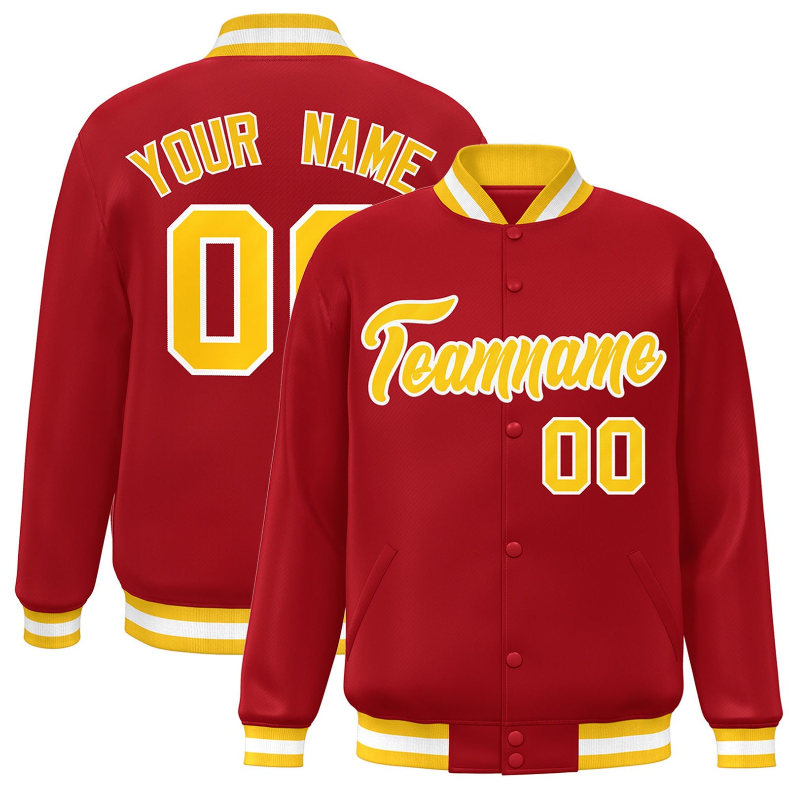 Custom Royal-Red Yellow-White Bomber Full-Snap Varsity Letterman Jacket