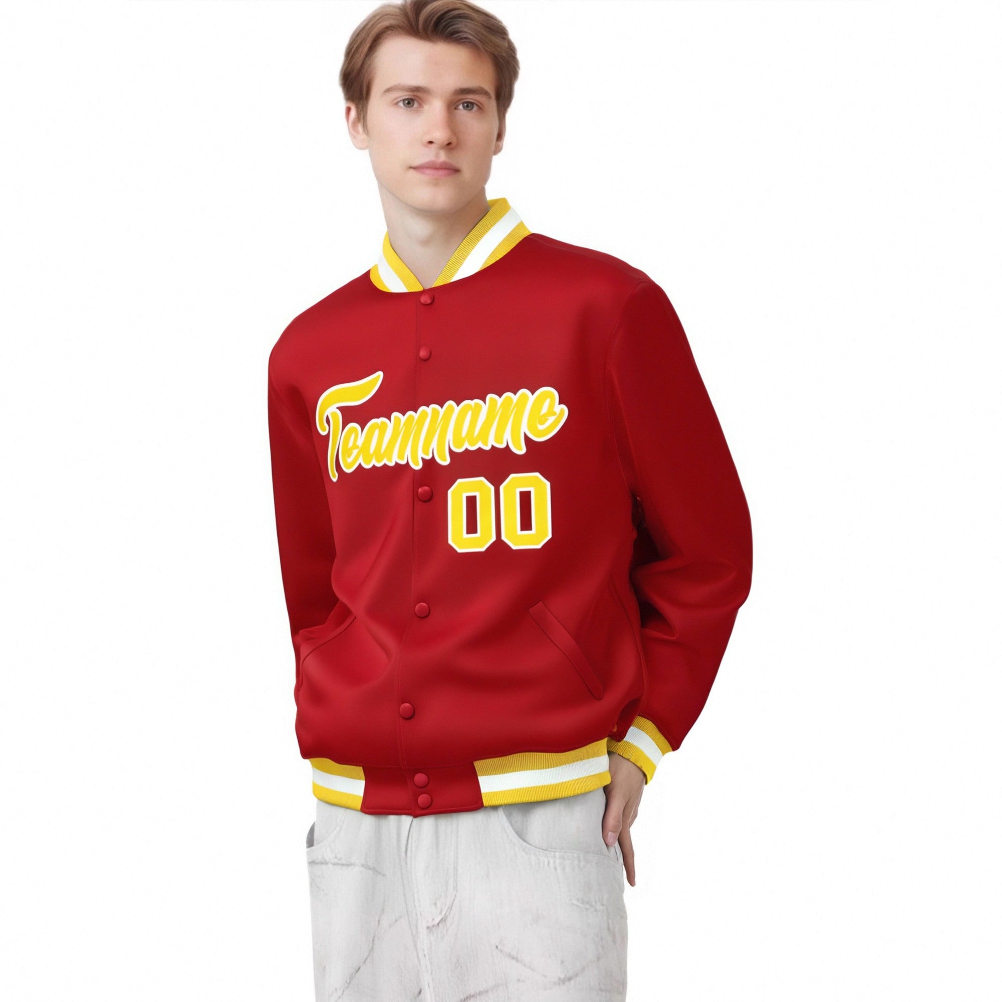 Custom Royal-Red Yellow-White Bomber Full-Snap Varsity Letterman Jacket