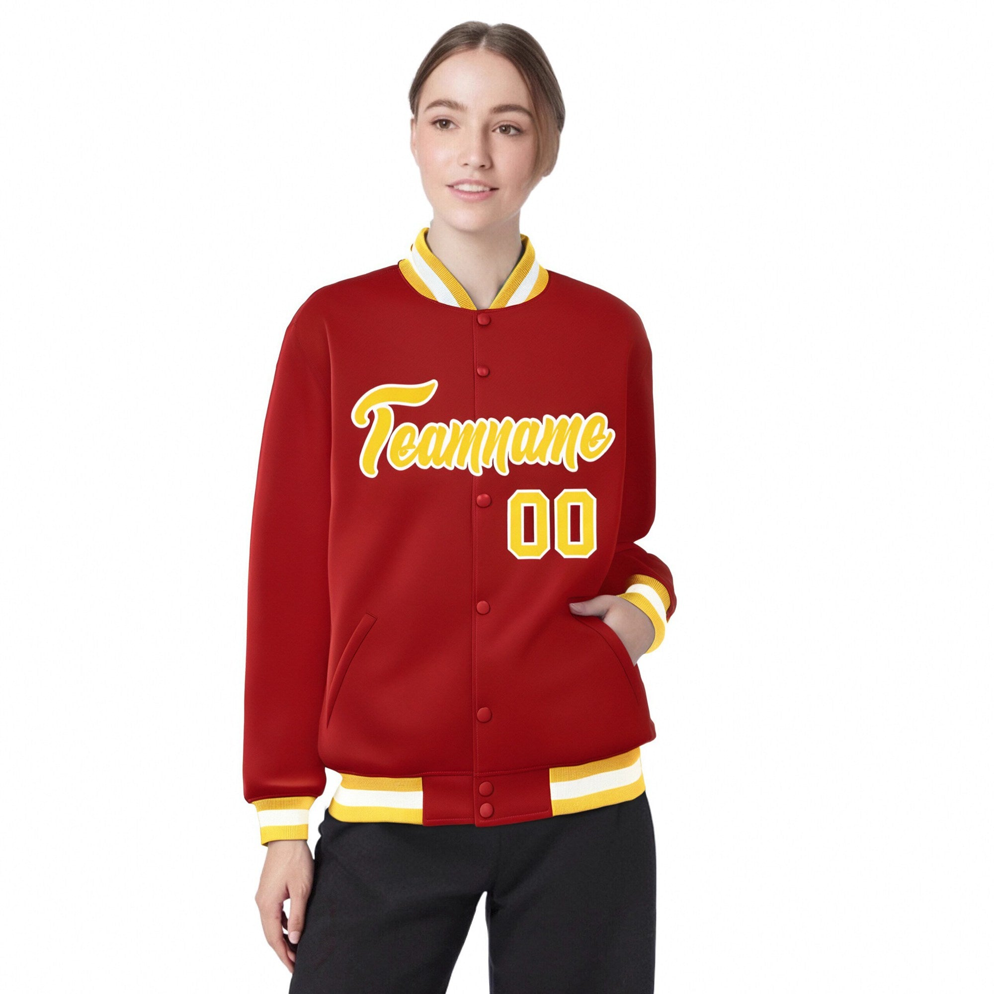 Custom Royal-Red Yellow-White Bomber Full-Snap Varsity Letterman Jacket