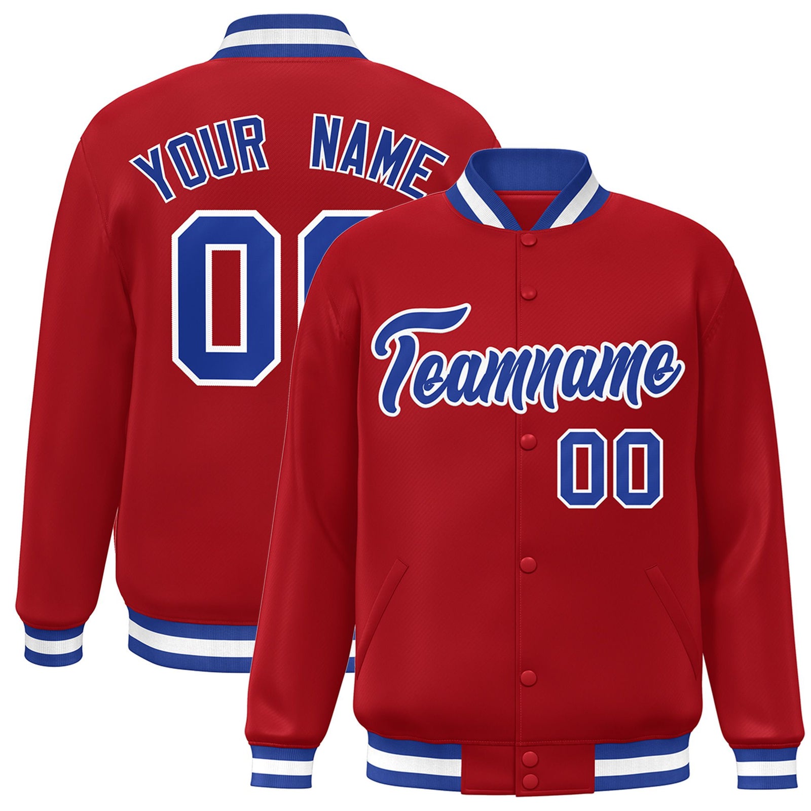Custom Royal-Red Royal-Blue White Bomber Full-Snap Varsity Letterman Jacket