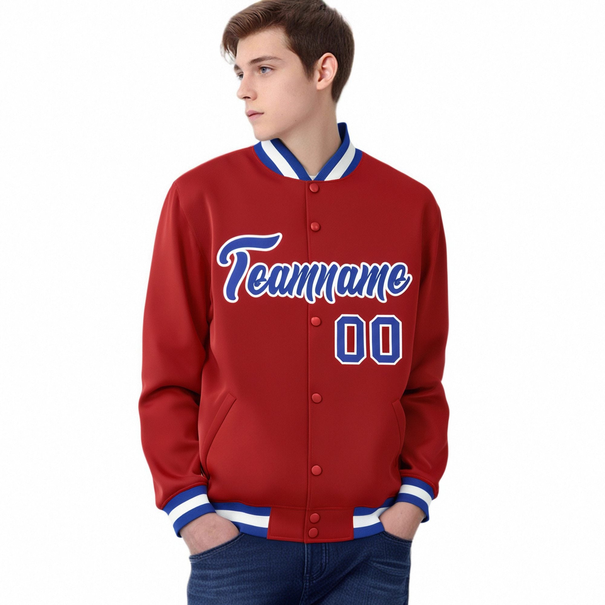 Custom Royal-Red Royal-Blue White Bomber Full-Snap Varsity Letterman Jacket