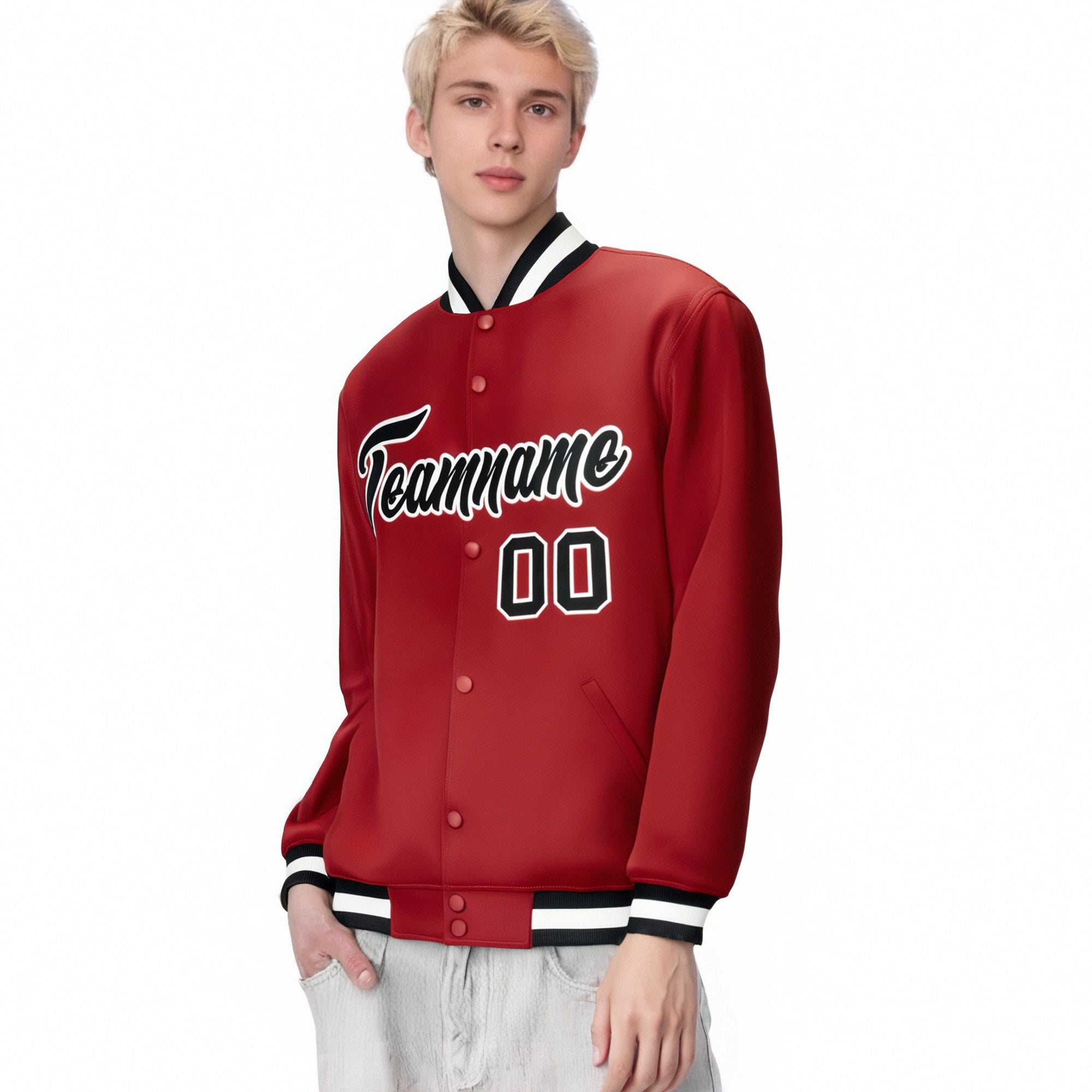 Custom Royal-Red Black-White Bomber Full-Snap Varsity Letterman Jacket