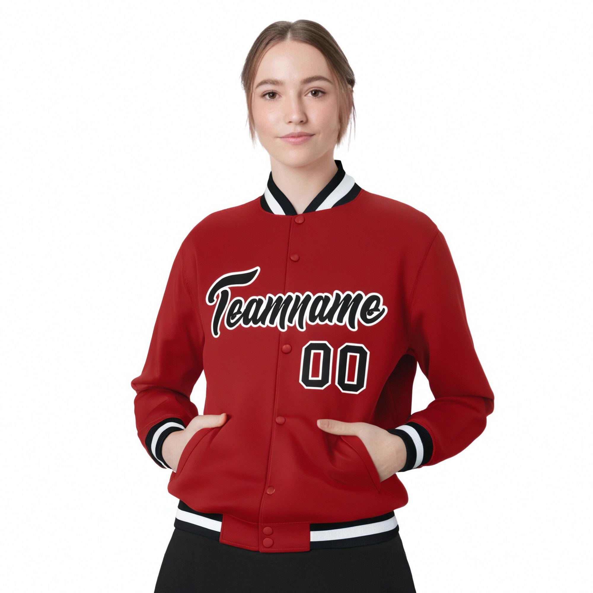 Custom Royal-Red Black-White Bomber Full-Snap Varsity Letterman Jacket