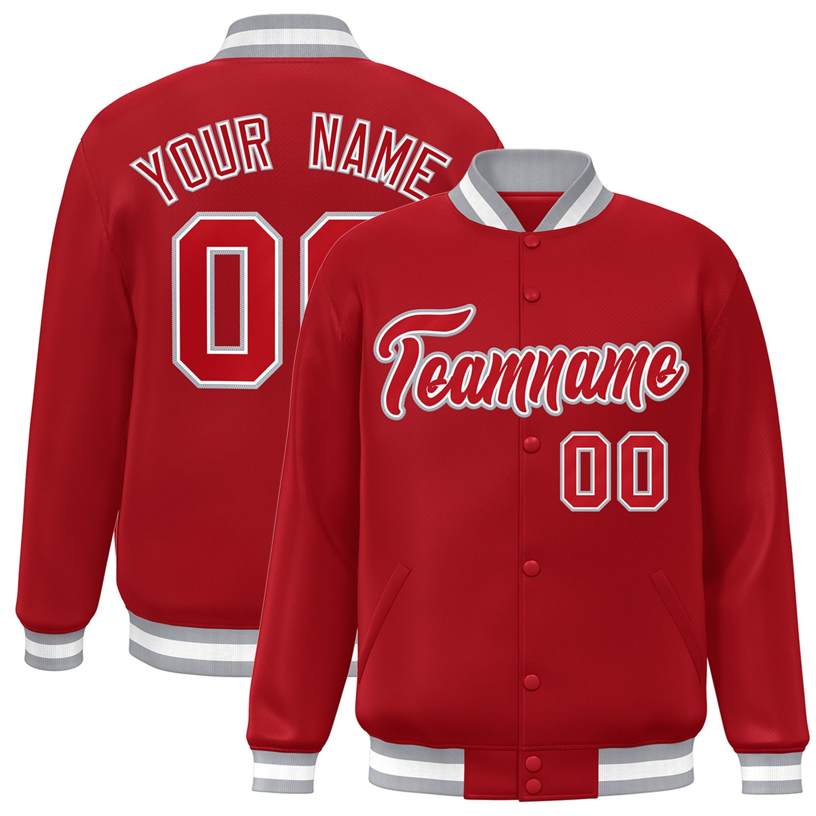 Custom Royal-Red Gray-White Bomber Full-Snap Varsity Letterman Jacket