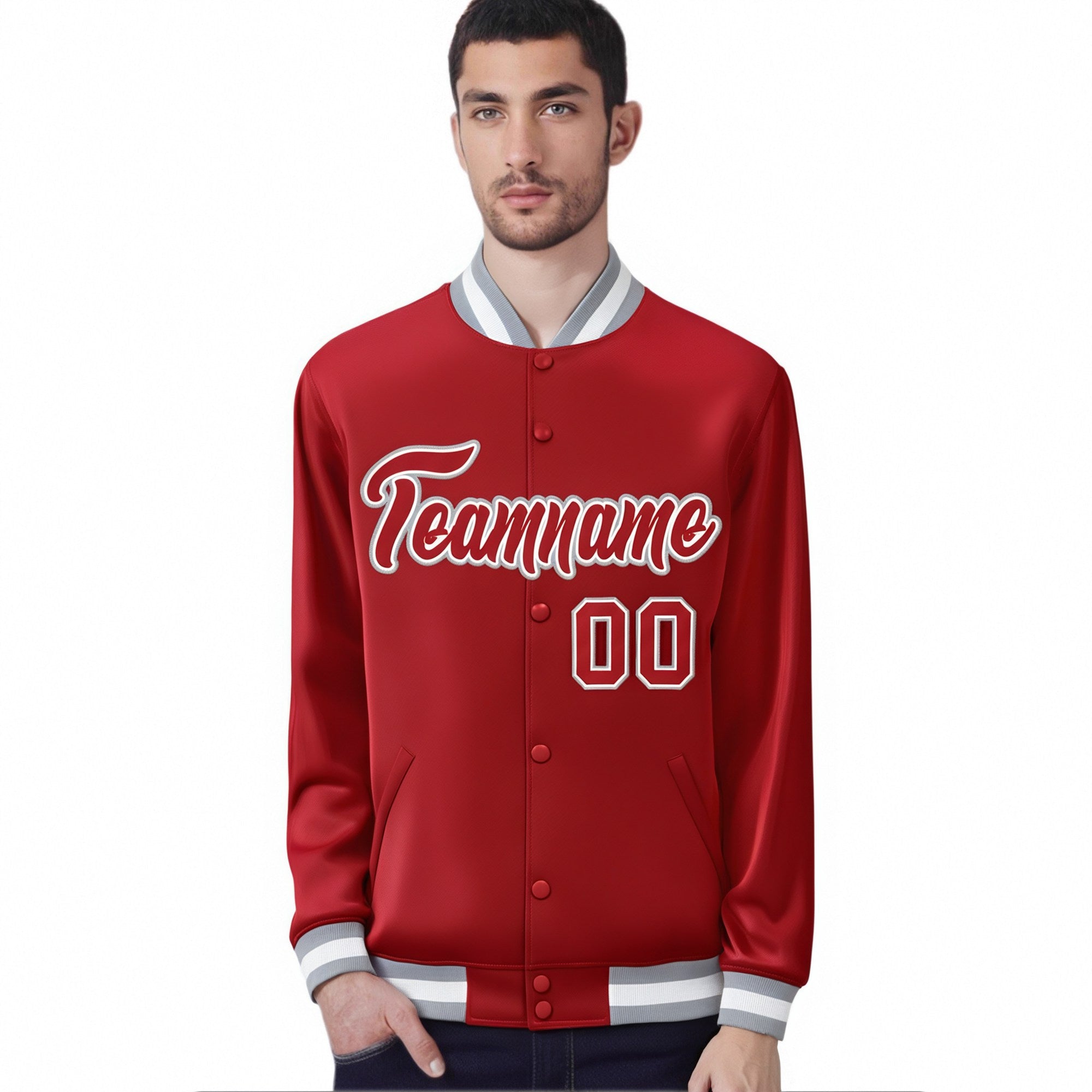 Custom Royal-Red Gray-White Bomber Full-Snap Varsity Letterman Jacket