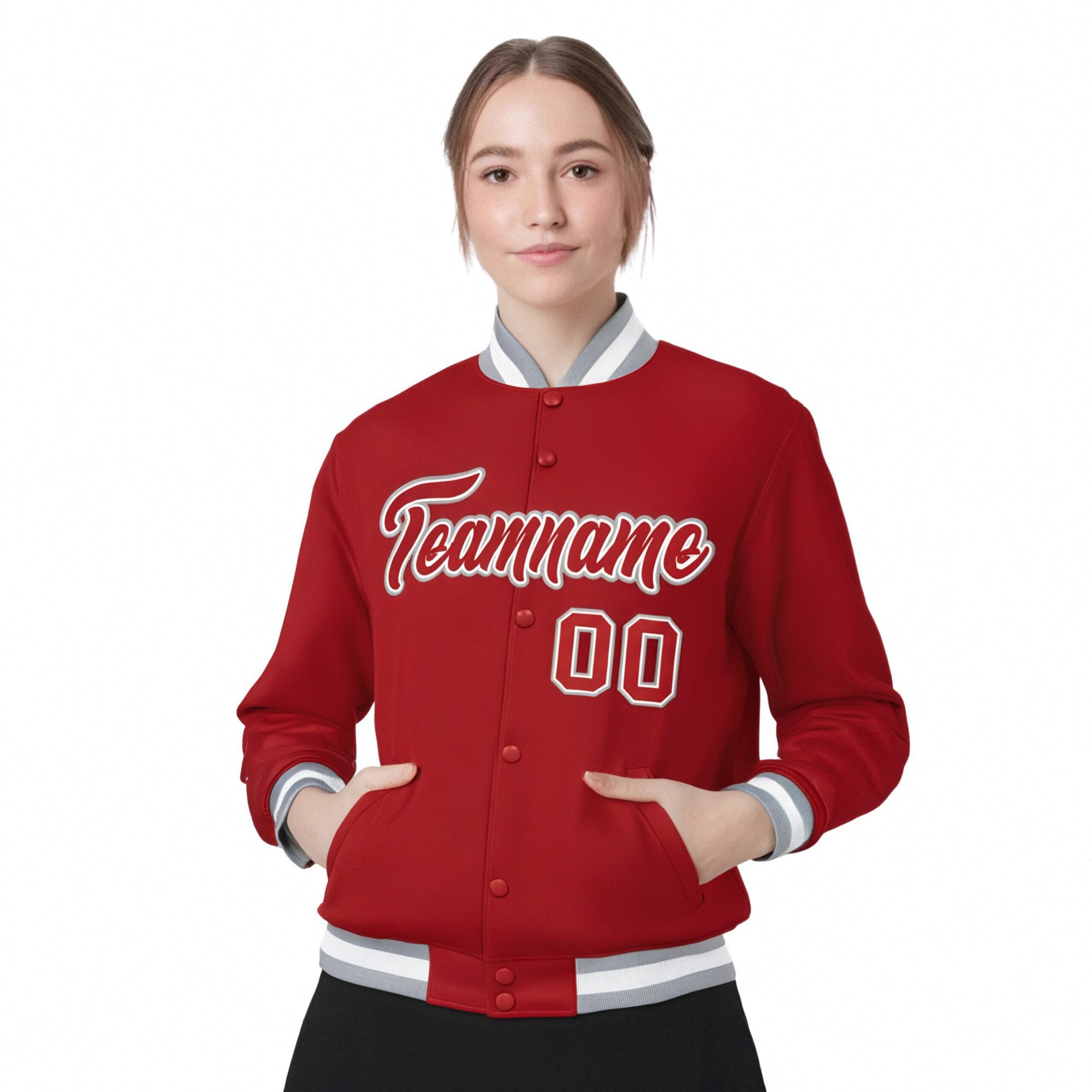 Custom Royal-Red Gray-White Bomber Full-Snap Varsity Letterman Jacket