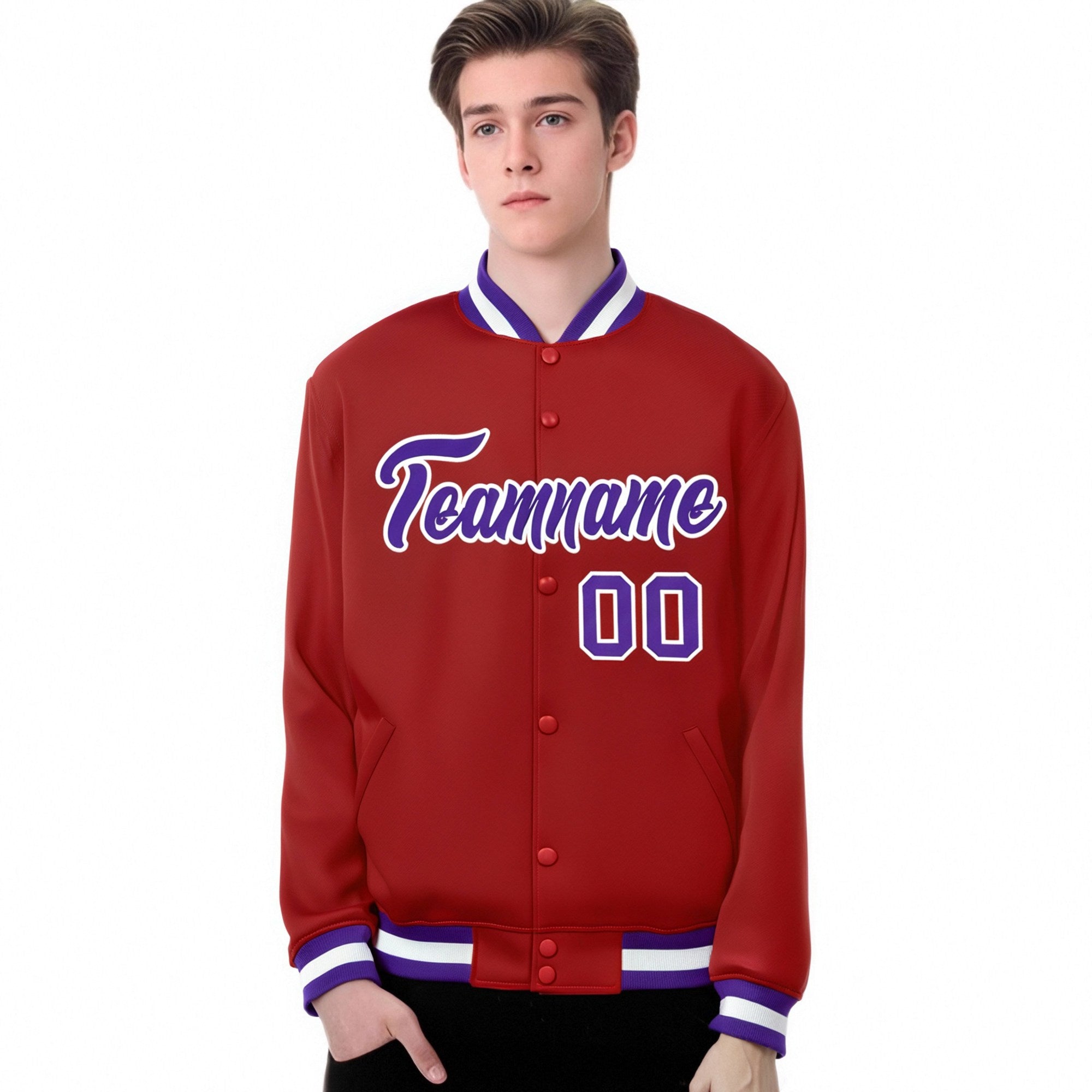 Custom Royal-Red Purple-White Bomber Full-Snap Varsity Letterman Jacket