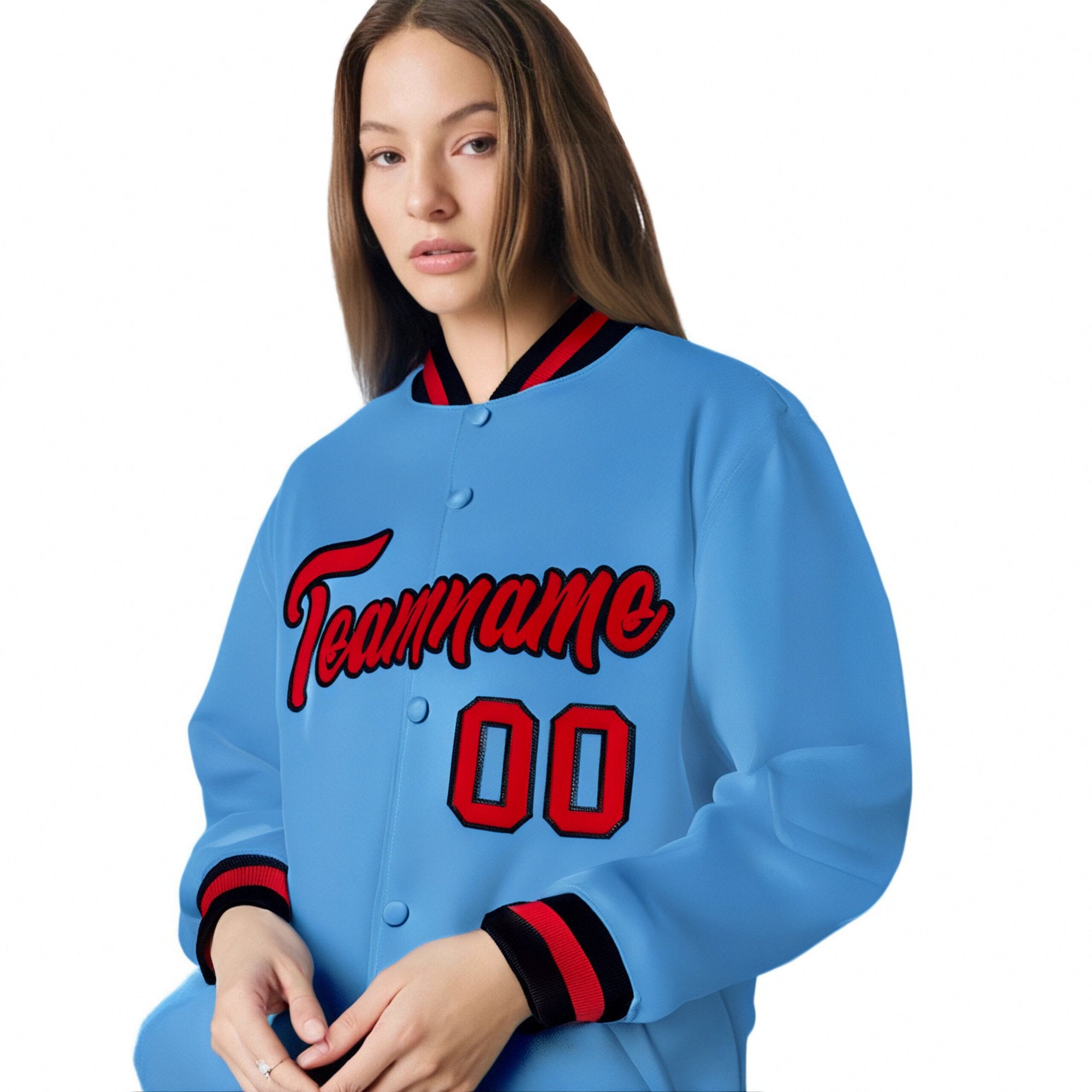 Custom Light-Blue Red-Black Bomber Full-Snap Varsity Letterman Jacket