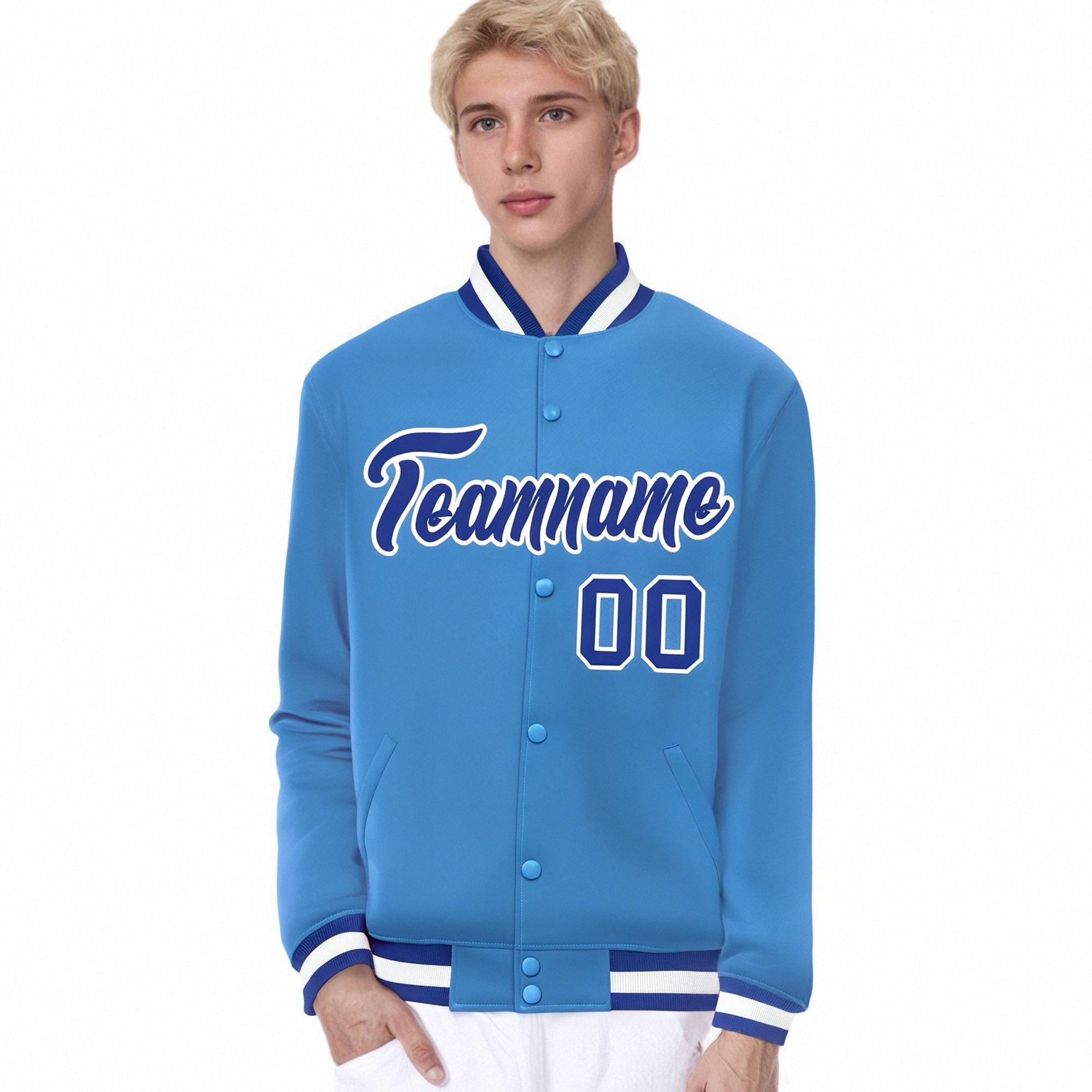 Custom Light-Blue Blue-White Bomber Full-Snap Varsity Letterman Jacket