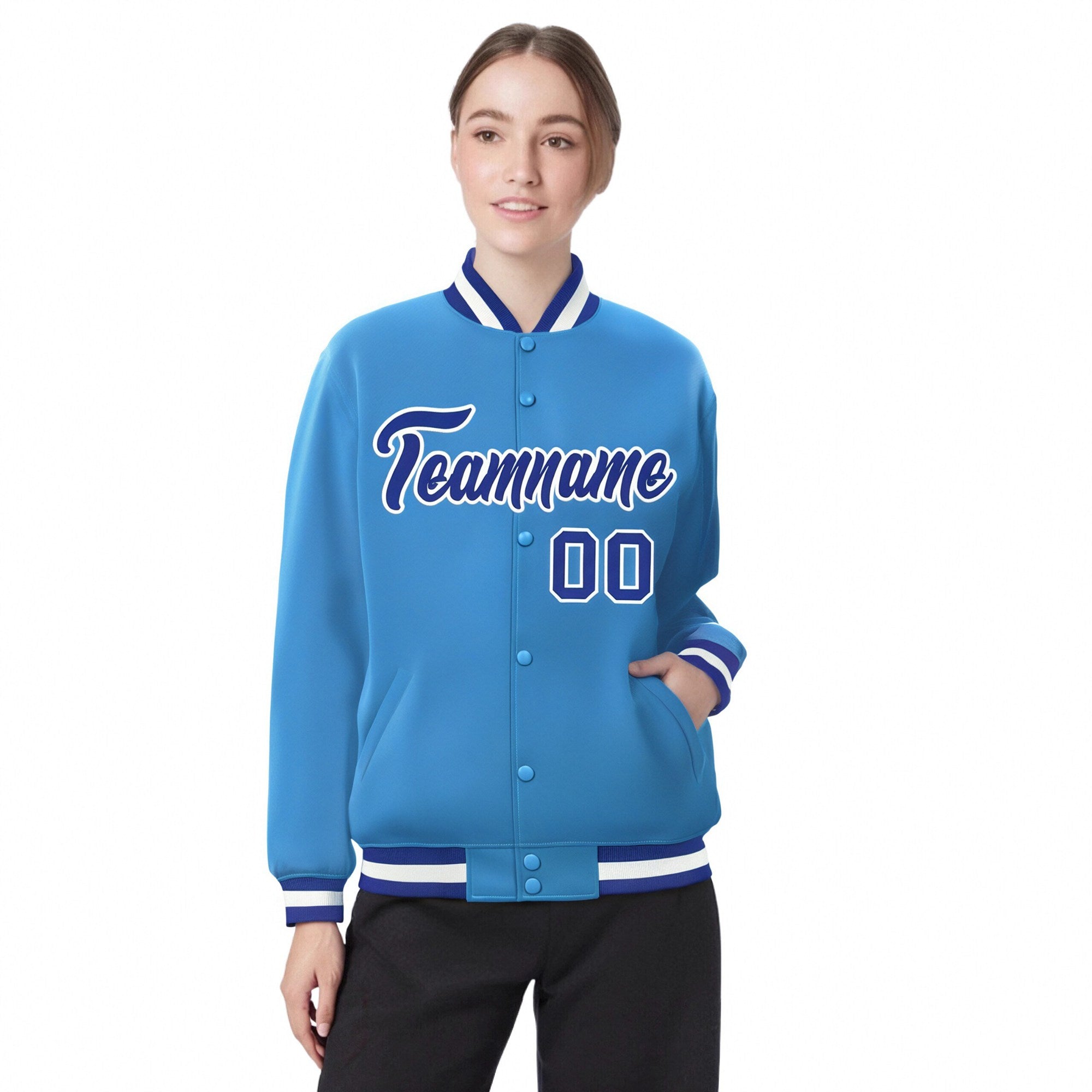 Custom Light-Blue Blue-White Bomber Full-Snap Varsity Letterman Jacket