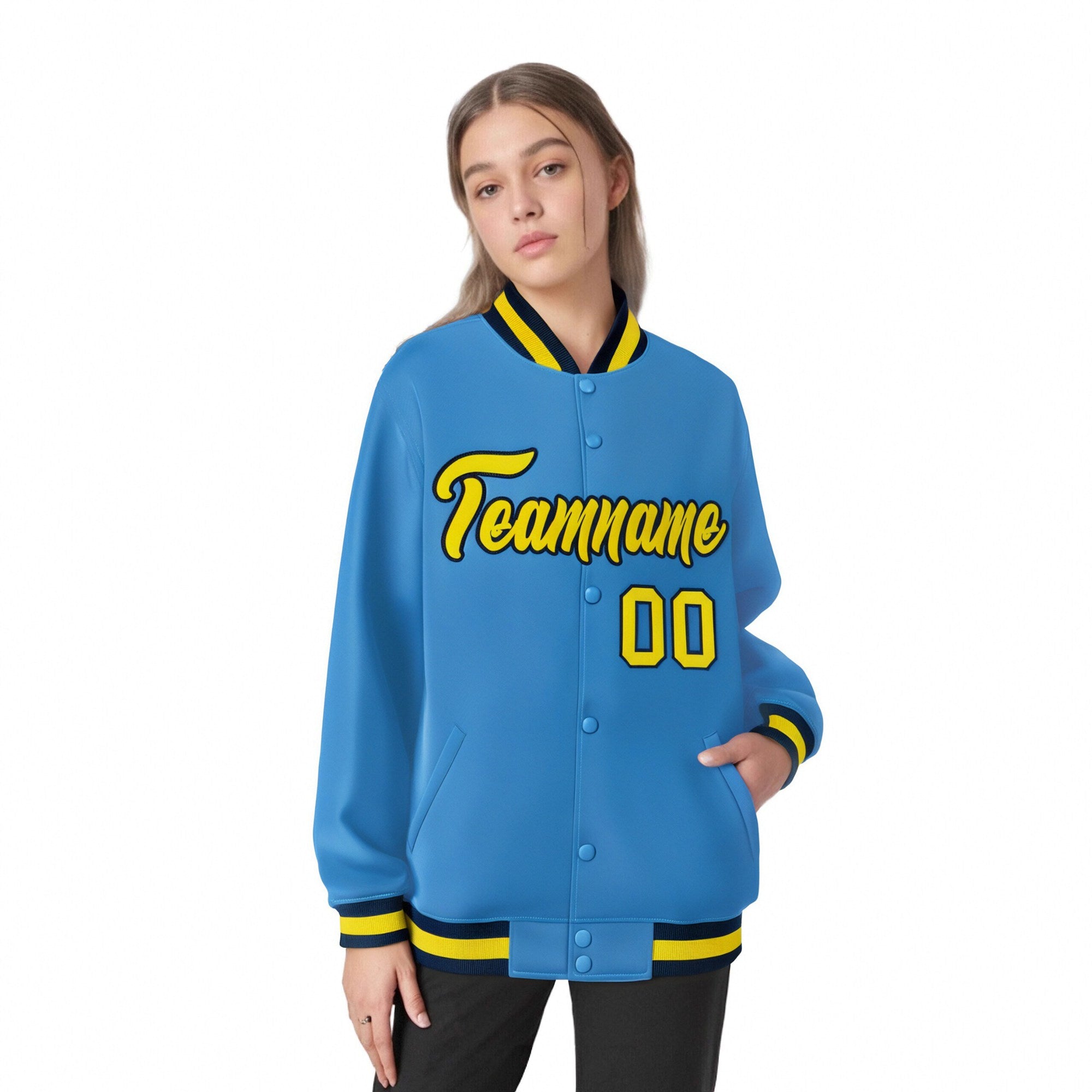 Custom Light-Blue Yellow-Navy Bomber Full-Snap Varsity Letterman Jacket