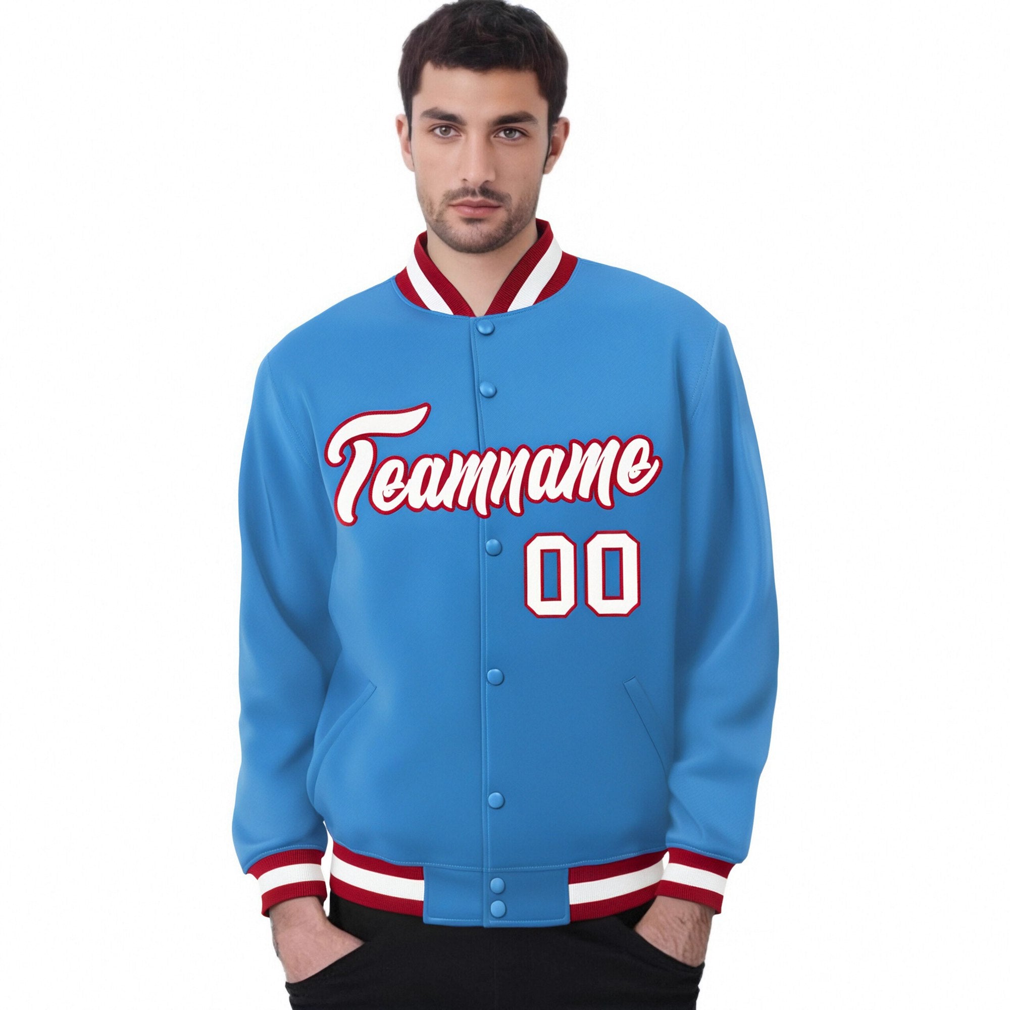 Custom Light-Blue White-Red Bomber Full-Snap Varsity Letterman Jacket