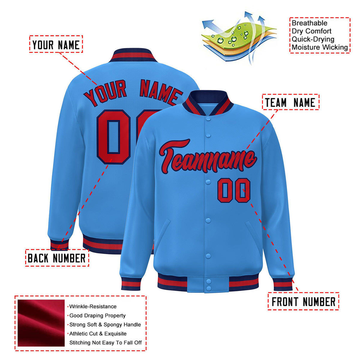 Custom Light-Blue Red-Navy Bomber Full-Snap Varsity Letterman Jacket