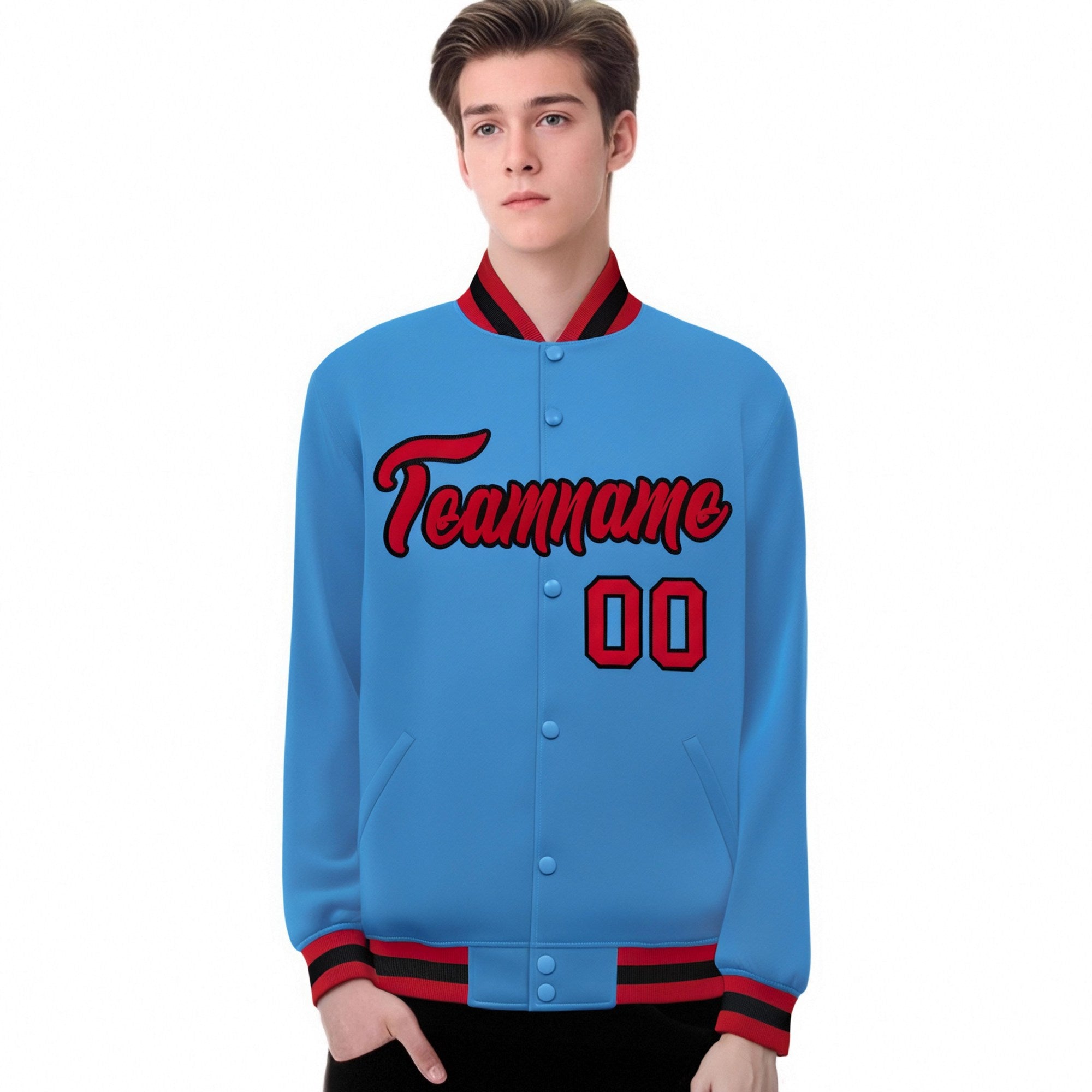 Custom Light-Blue Red-Black Bomber Full-Snap Varsity Letterman Jacket