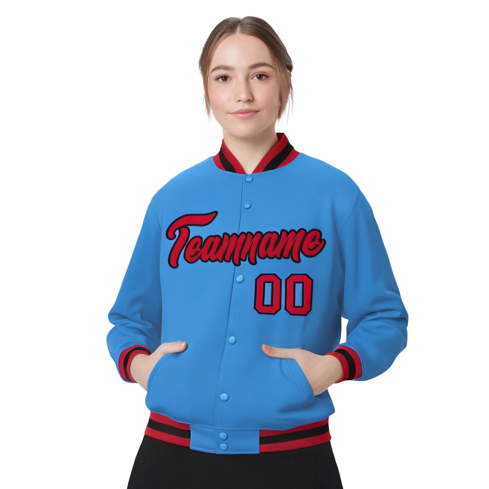 Custom Light-Blue Red-Black Bomber Full-Snap Varsity Letterman Jacket