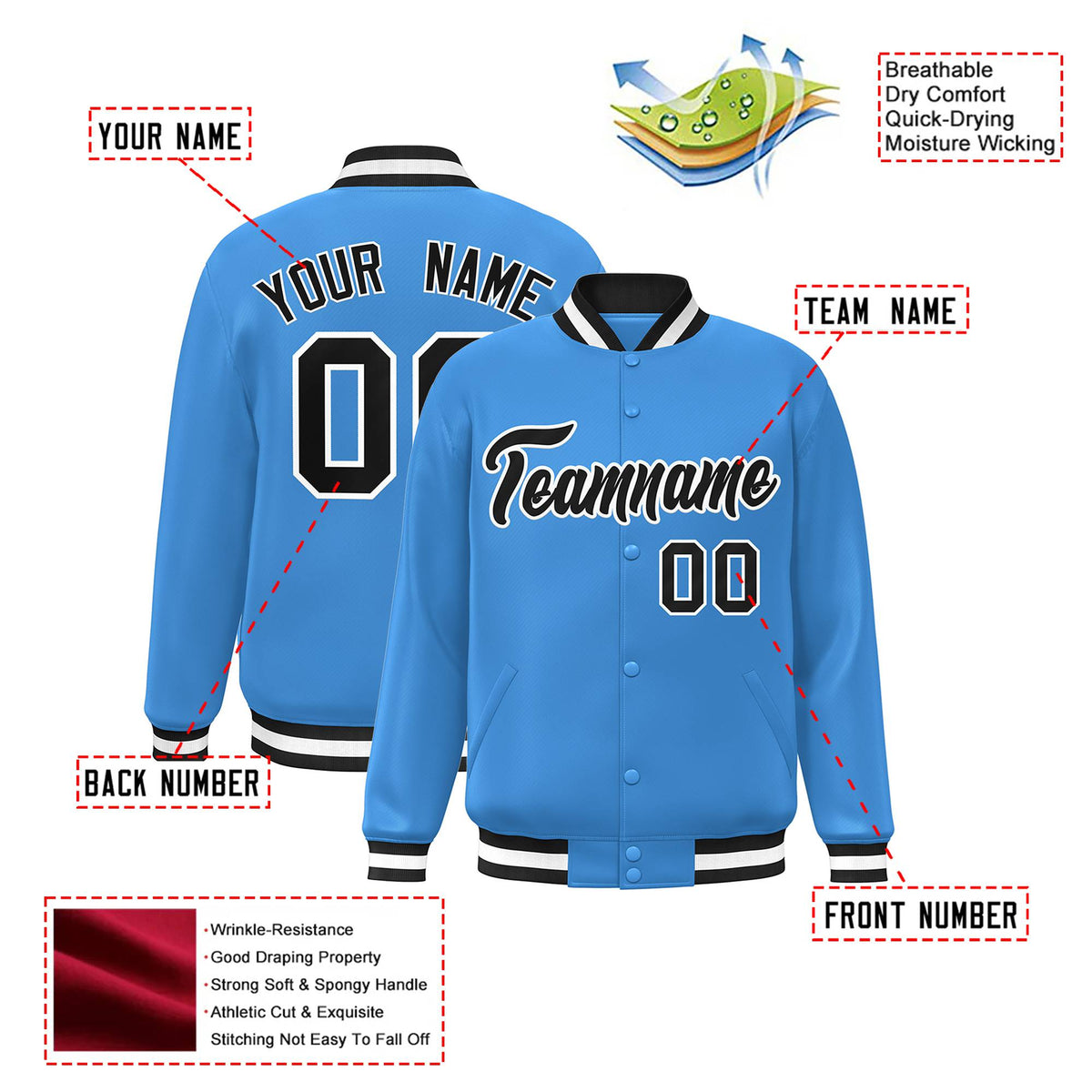 Custom Light-Blue Black-White Bomber Full-Snap Varsity Letterman Jacket