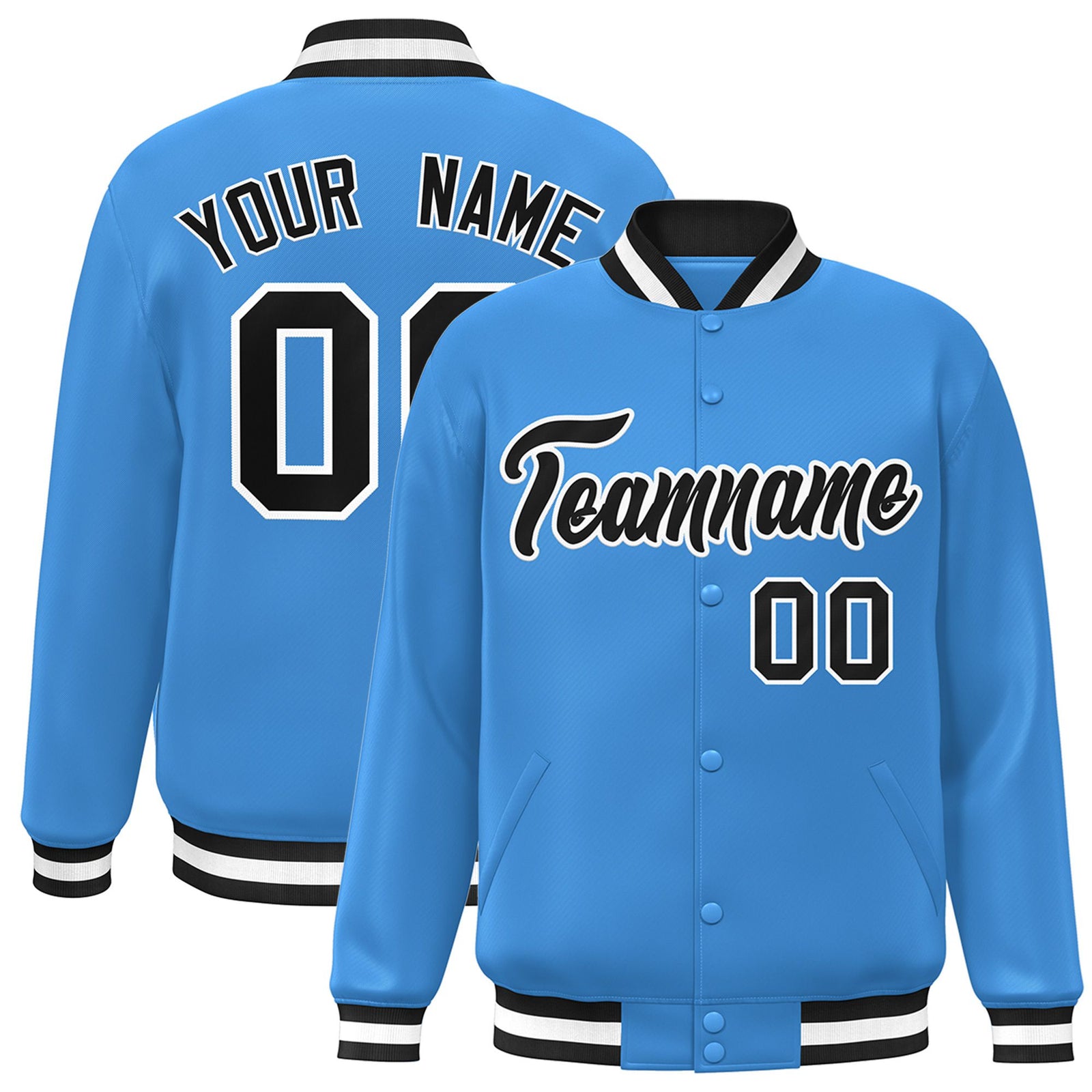 Custom Light-Blue Black-White Bomber Full-Snap Varsity Letterman Jacket