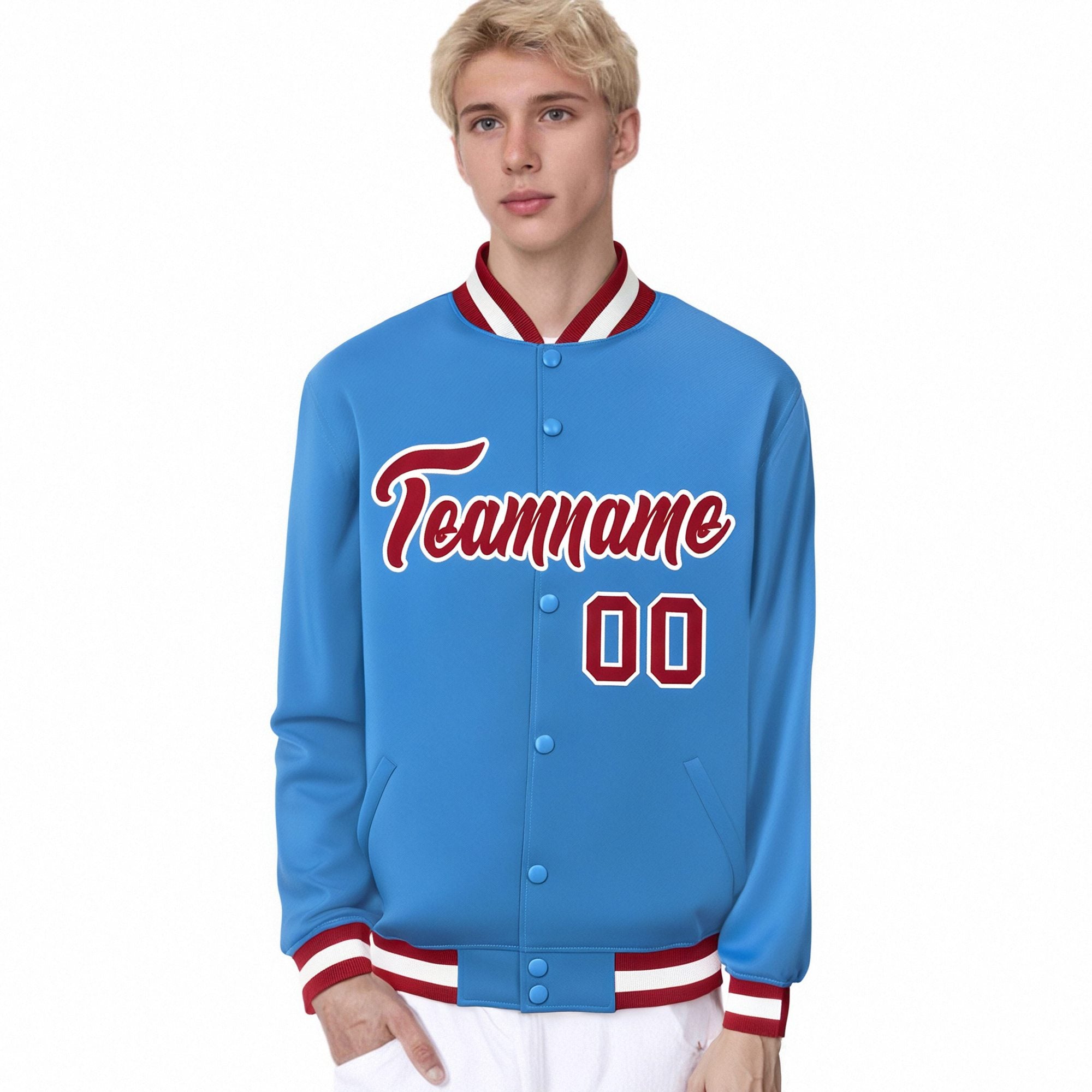 Custom Light-Blue Red-White Bomber Full-Snap Varsity Letterman Jacket