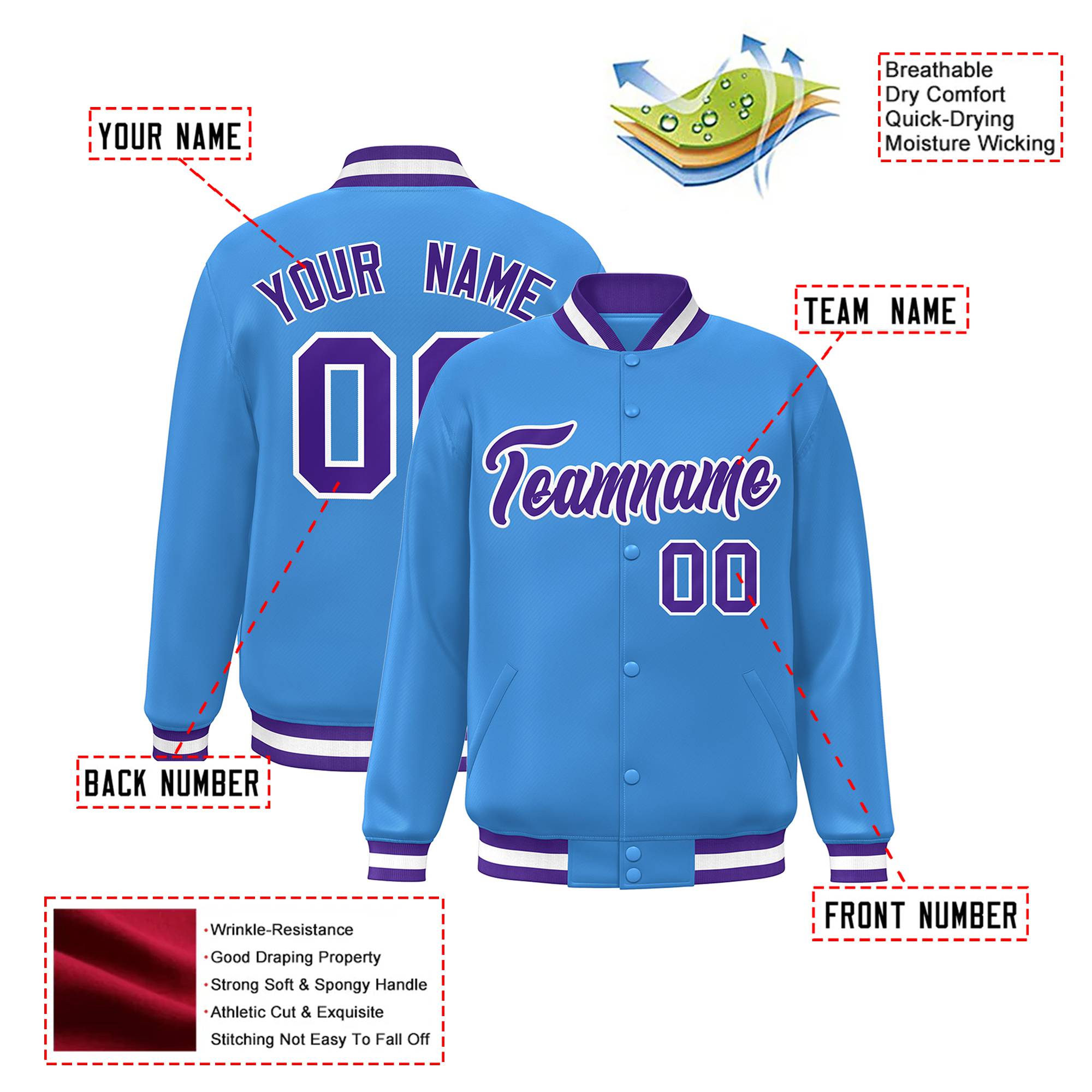 Custom Light-Blue Purple-White Bomber Full-Snap Varsity Letterman Jacket