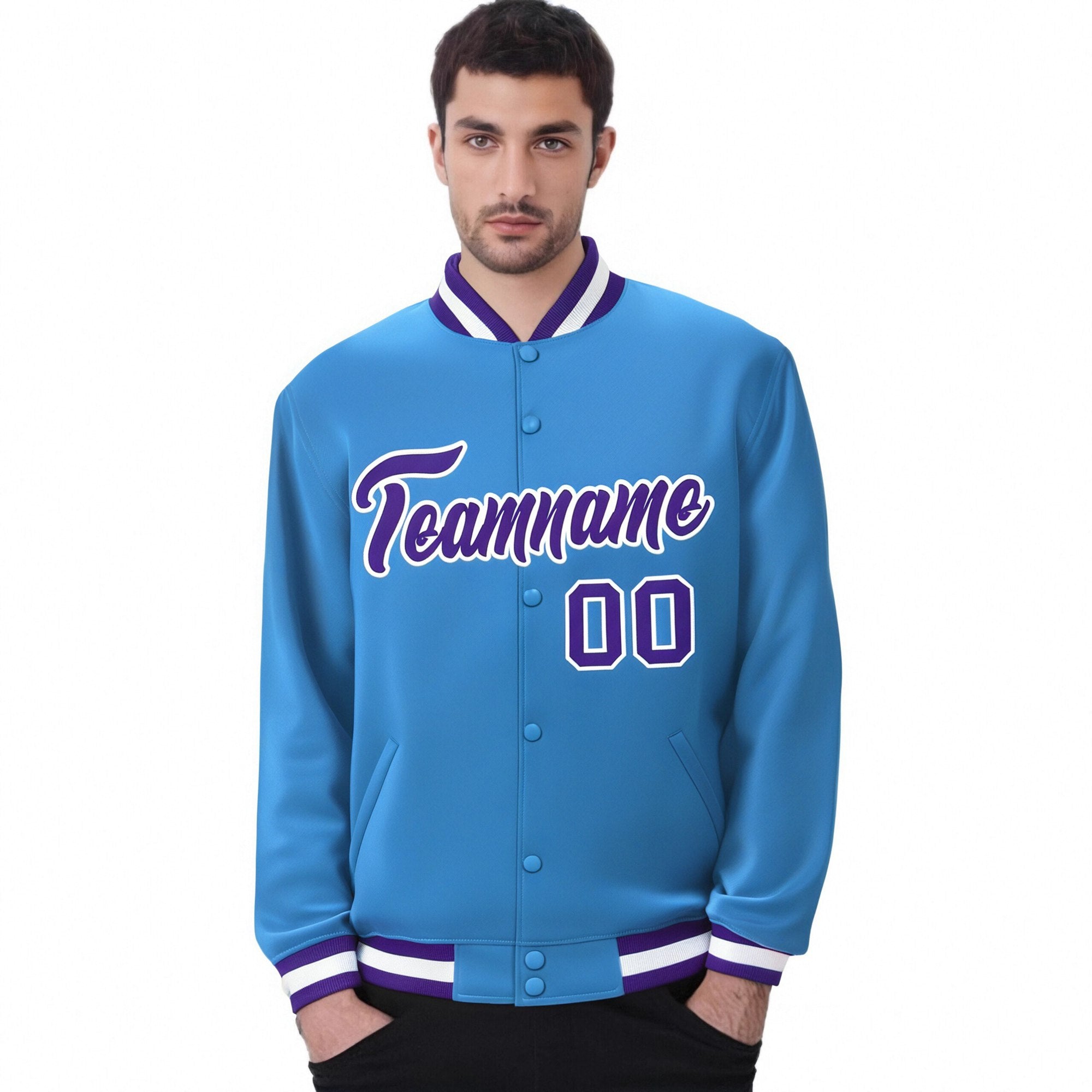 Custom Light-Blue Purple-White Bomber Full-Snap Varsity Letterman Jacket