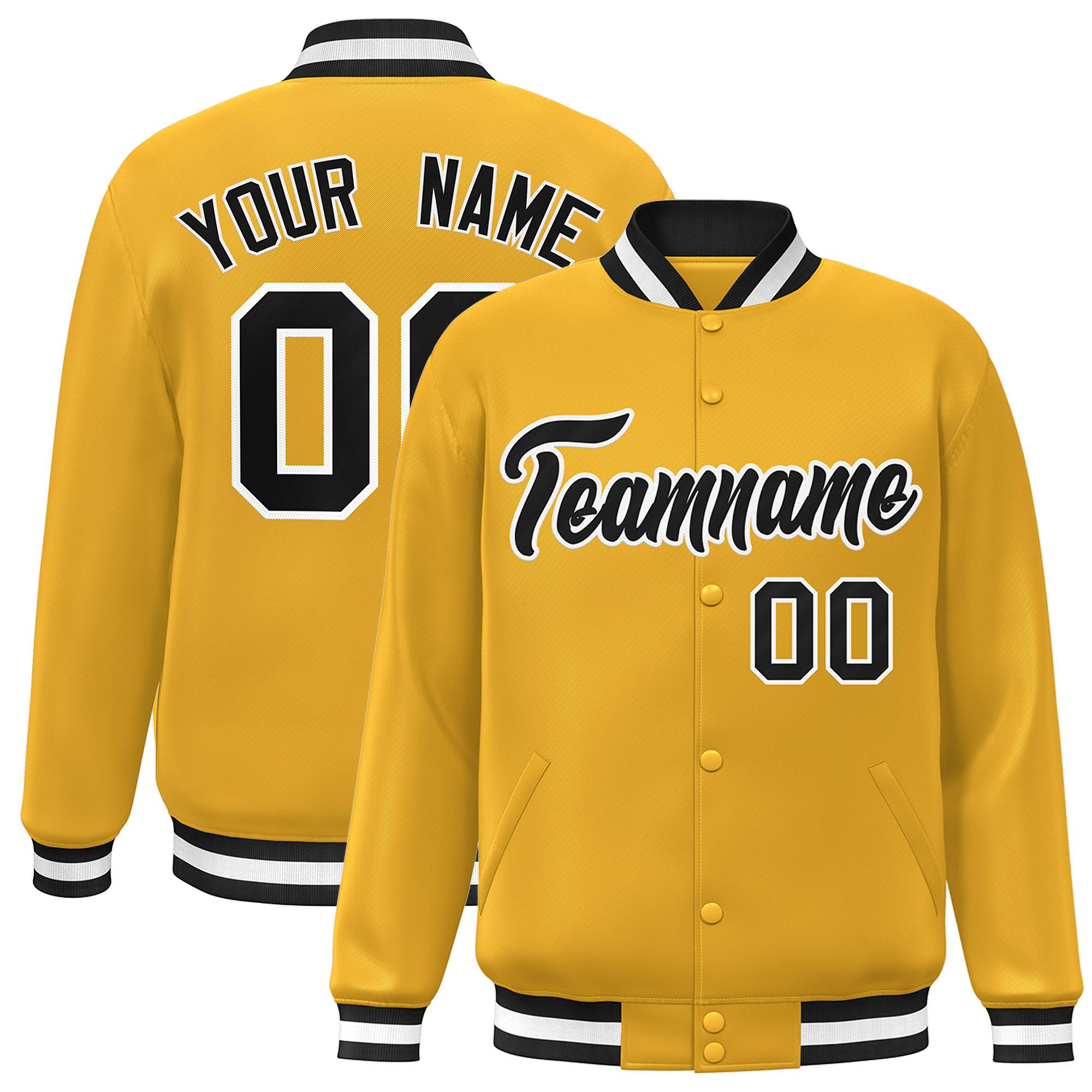 Custom Yellow Black-White Bomber Full-Snap Varsity Letterman Jacket