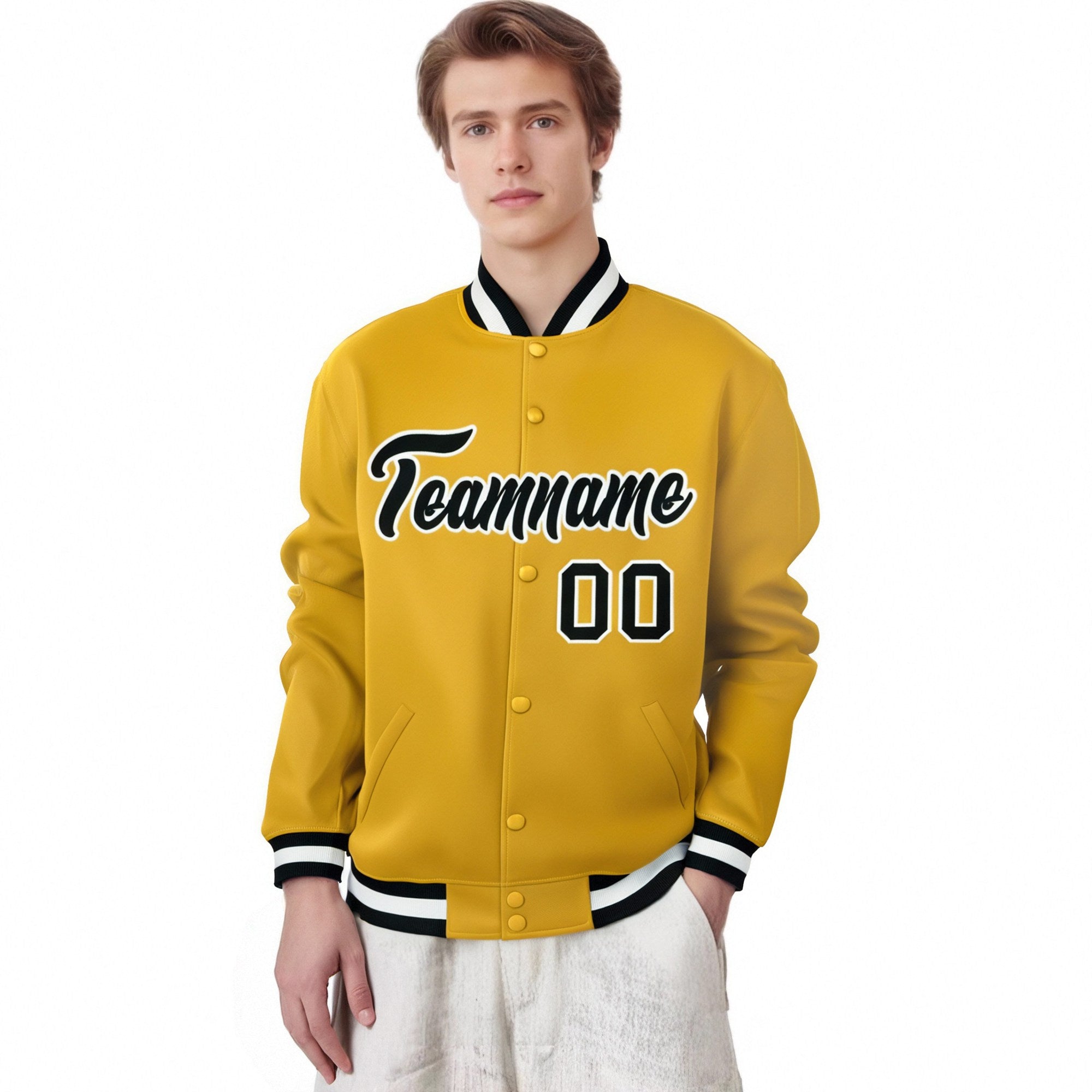 Custom Yellow Black-White Bomber Full-Snap Varsity Letterman Jacket