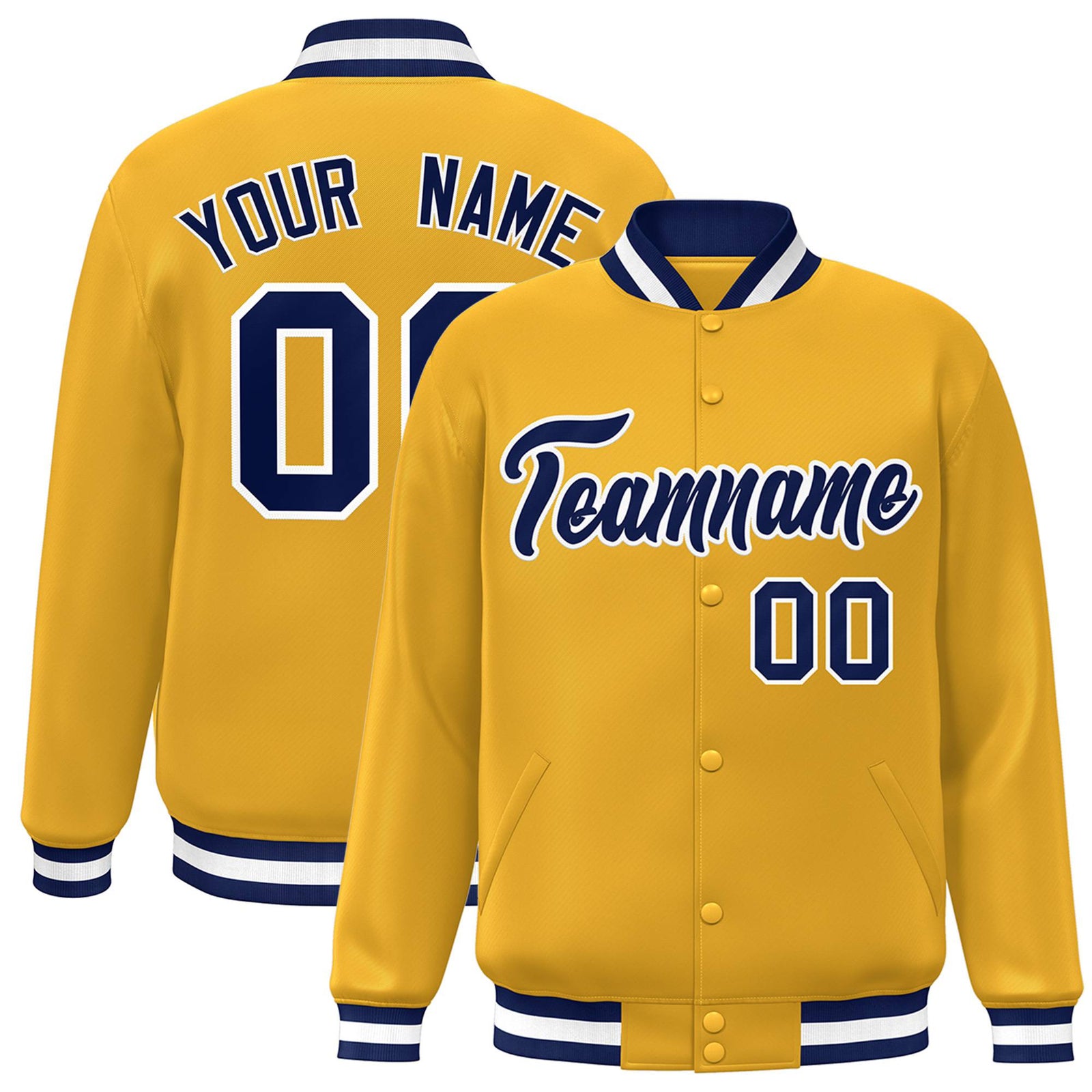 Custom Yellow Navy-White Bomber Full-Snap Varsity Letterman Jacket
