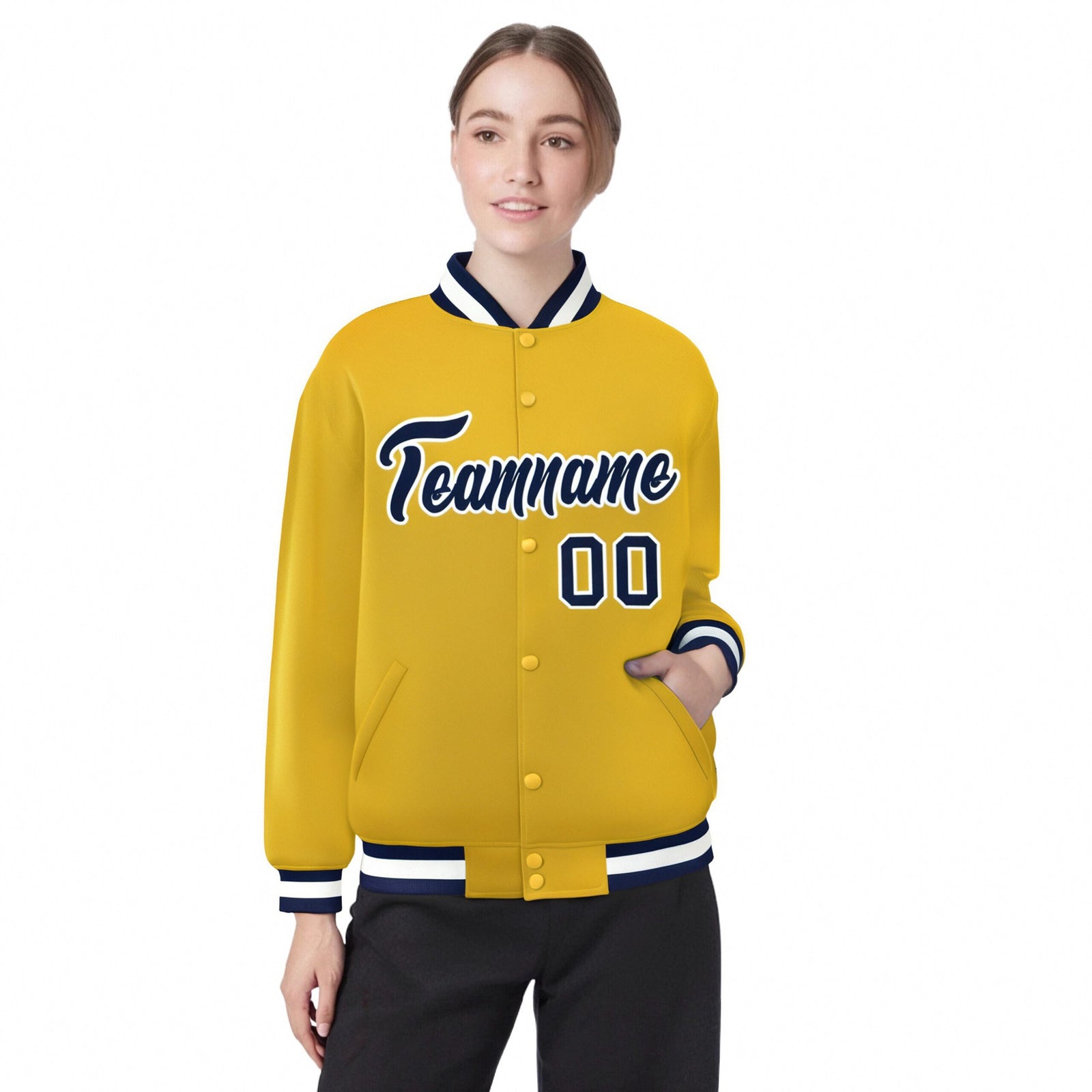 Custom Yellow Navy-White Bomber Full-Snap Varsity Letterman Jacket