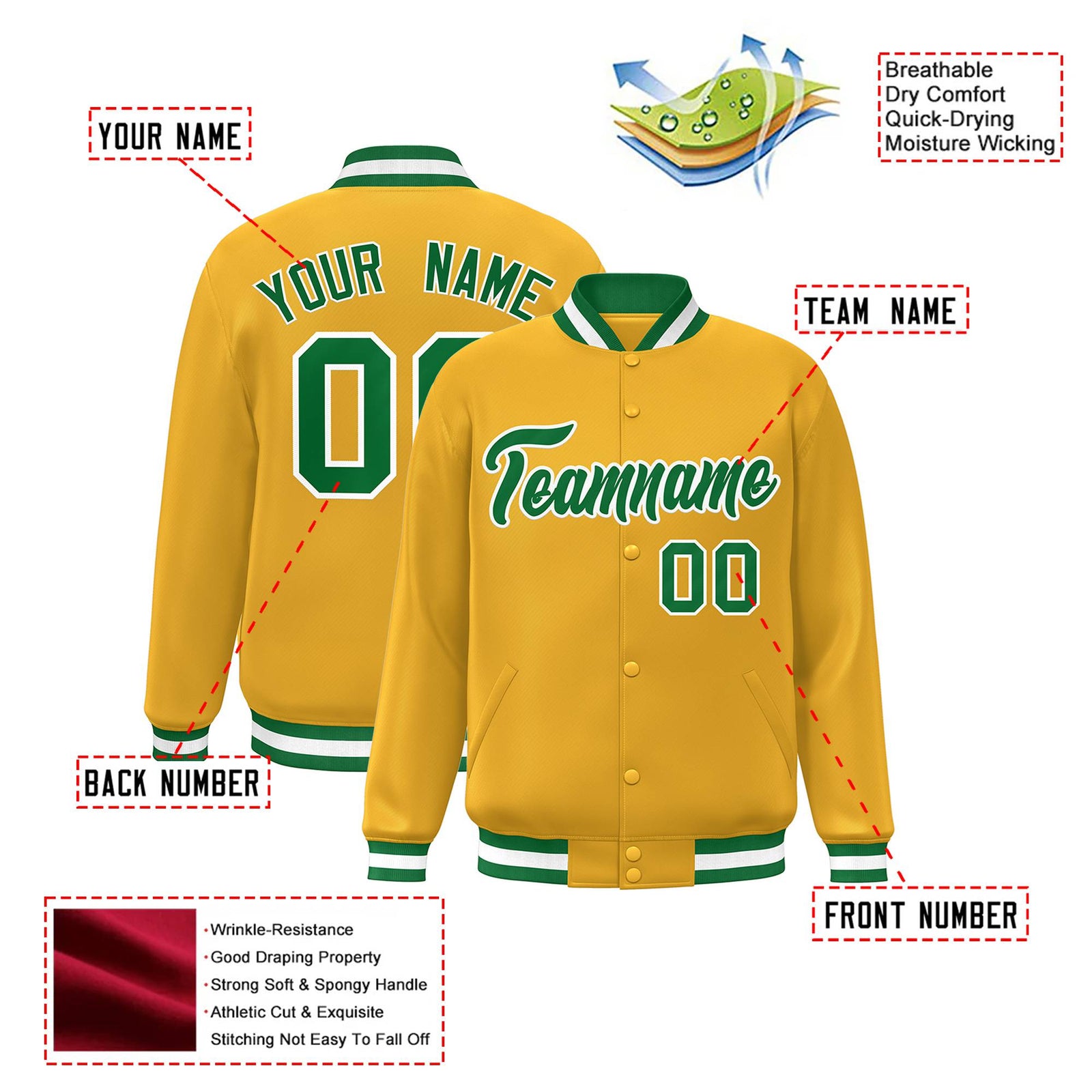 Custom Yellow Neon-Green White Bomber Full-Snap Varsity Letterman Jacket