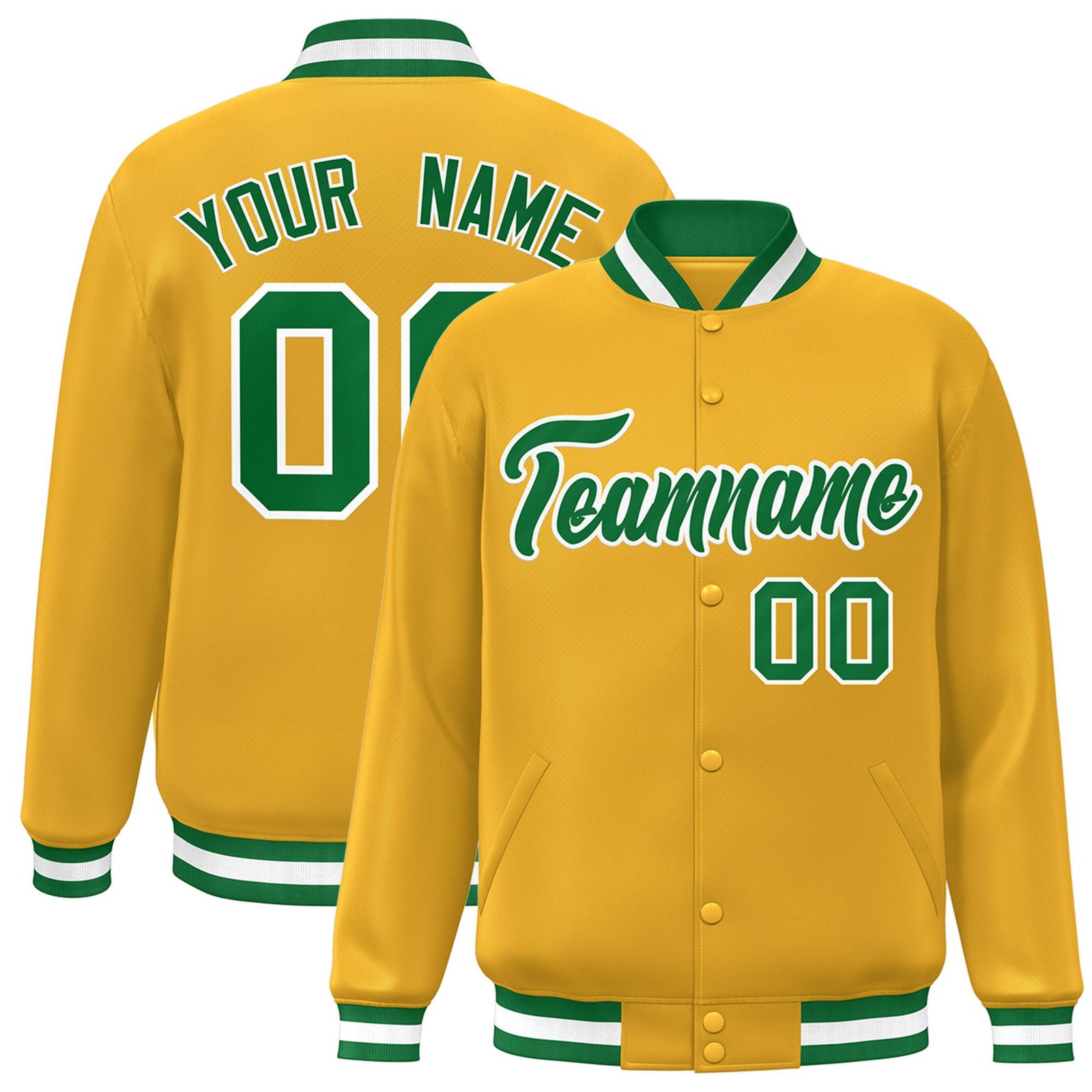 Custom Yellow Neon-Green White Bomber Full-Snap Varsity Letterman Jacket