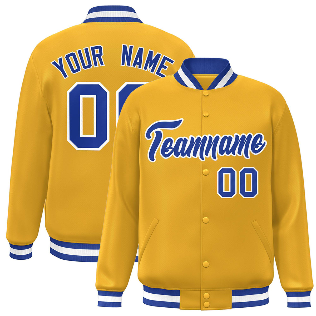 Custom Yellow Royal-Blue White Bomber Full-Snap Varsity Letterman Jacket