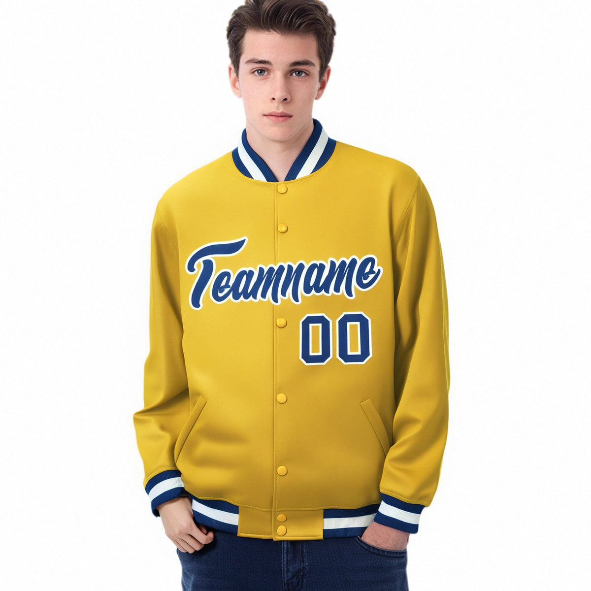 Custom Yellow Royal-Blue White Bomber Full-Snap Varsity Letterman Jacket